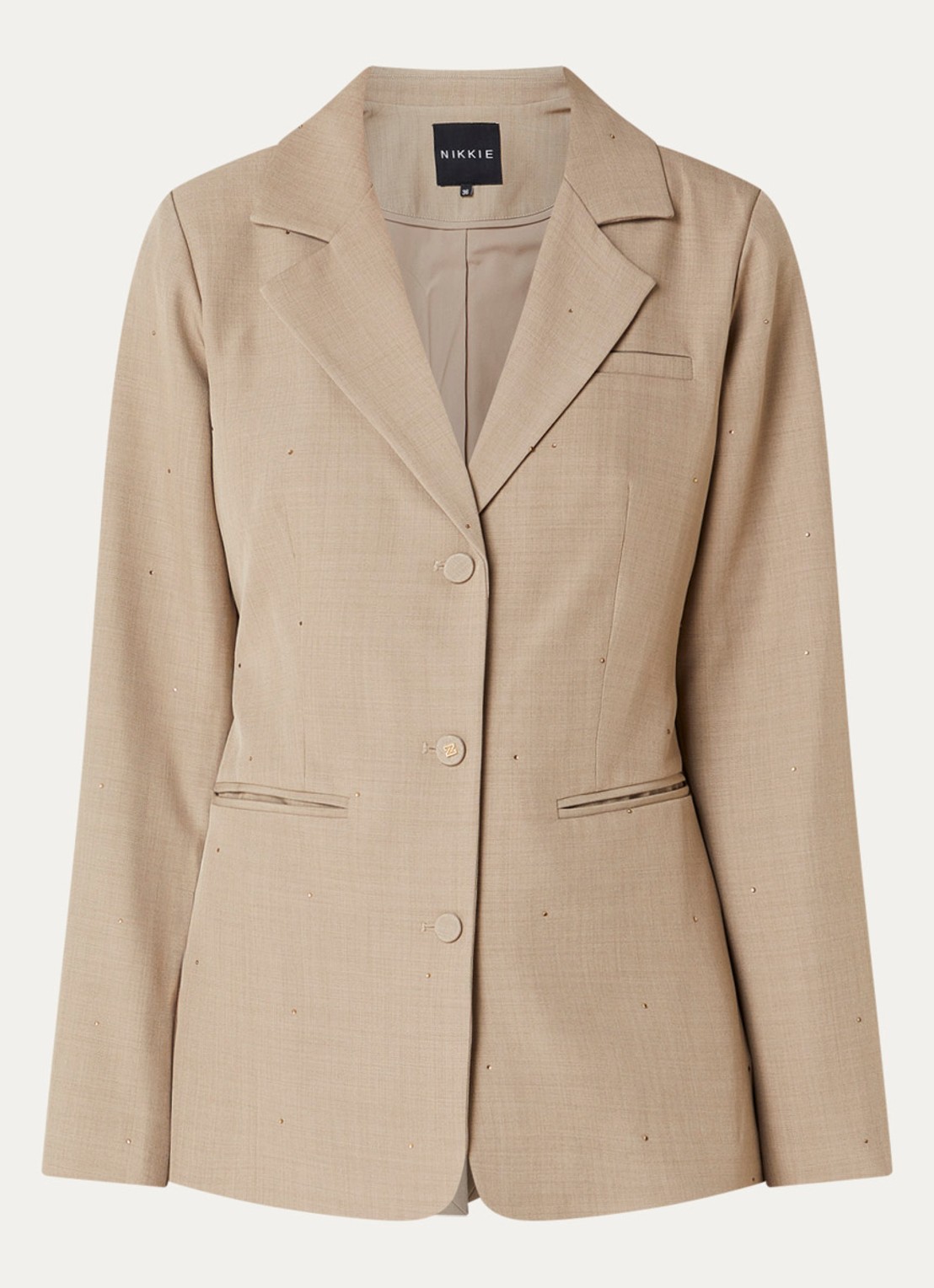 NIKKIE Reimio blazer met strass en paspelzakken - voorkant 3 zand