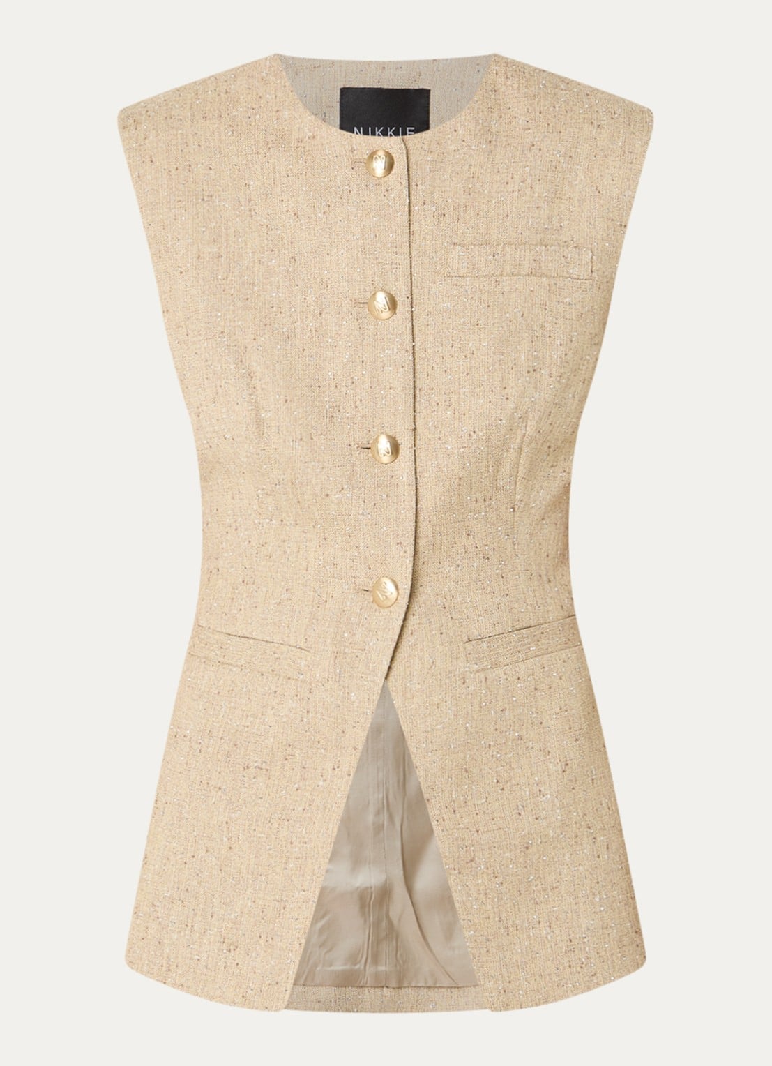 NIKKIE Reza gilet met tweed-look - voorkant beige