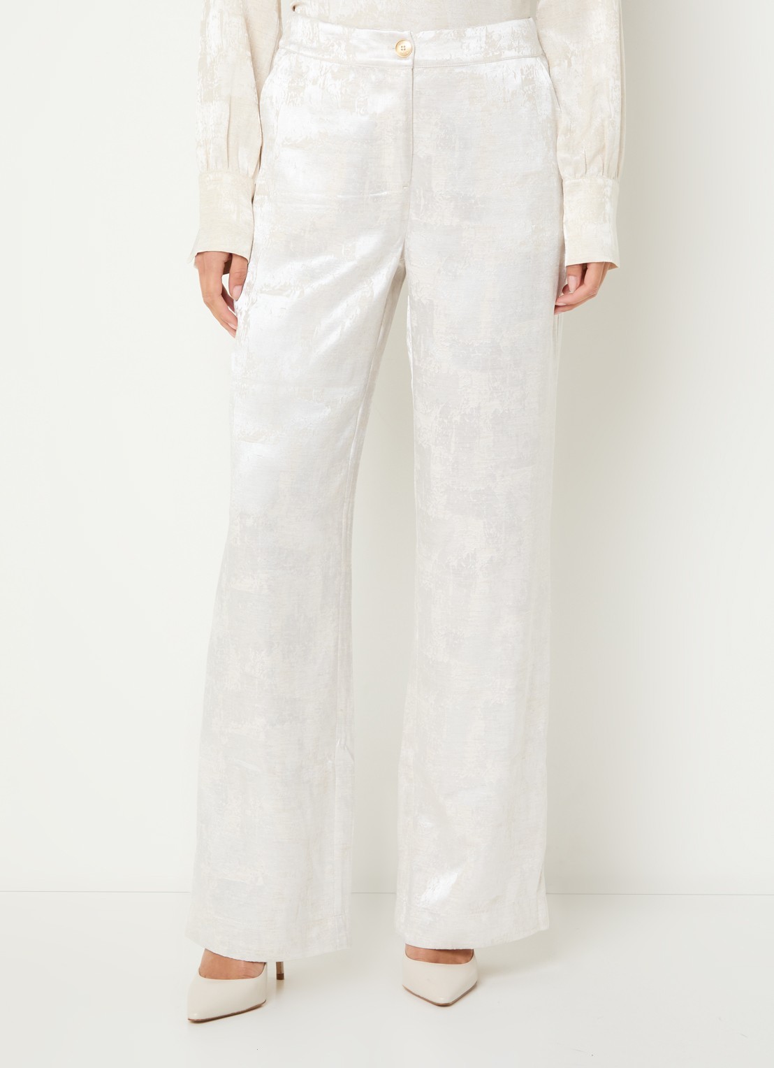 NIKKIE Rialto high waist straight fit pantalon met jacquard dessin - detail 4 gebroken wit