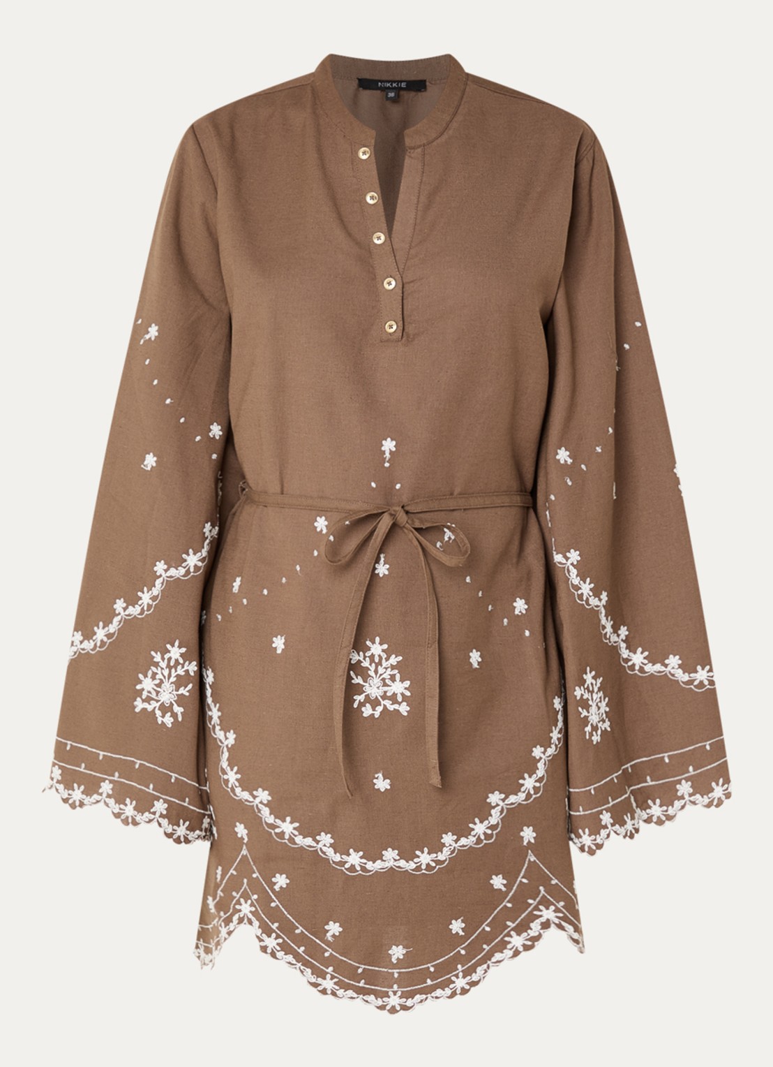 NIKKIE Rianxo mini jurk in linnenblend - voorkant 3 hazelnootbruin