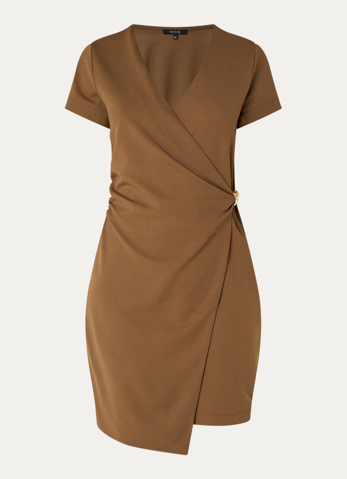 NIKKIE Rimini mini jurk met V-hals - voorkant 3 cognac