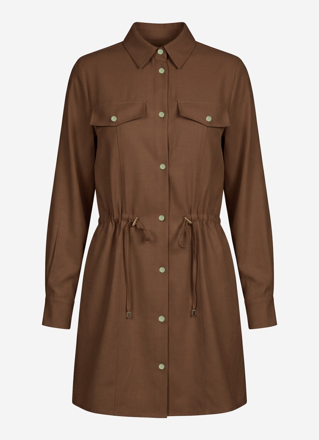 NIKKIE Riva mini blousejurk met trekkoord - voorkant cacao