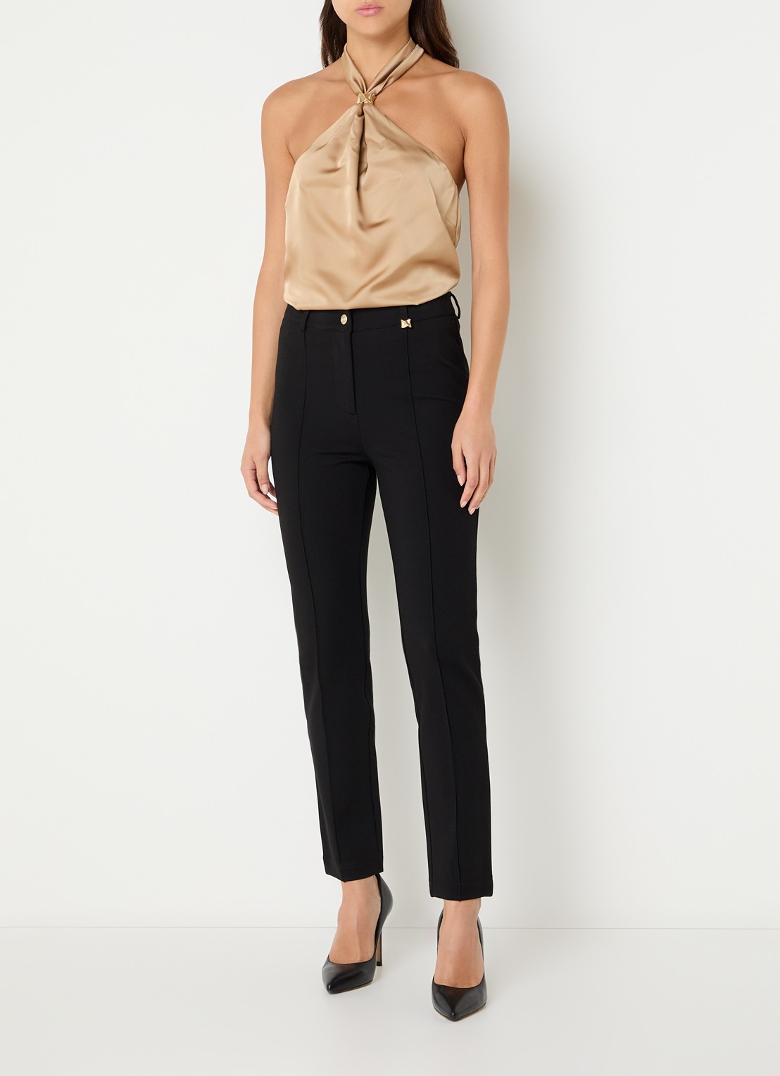 NIKKIE Rivello high waist slim fit pantalon van jersey met siernaad  - voorkant 2 zwart