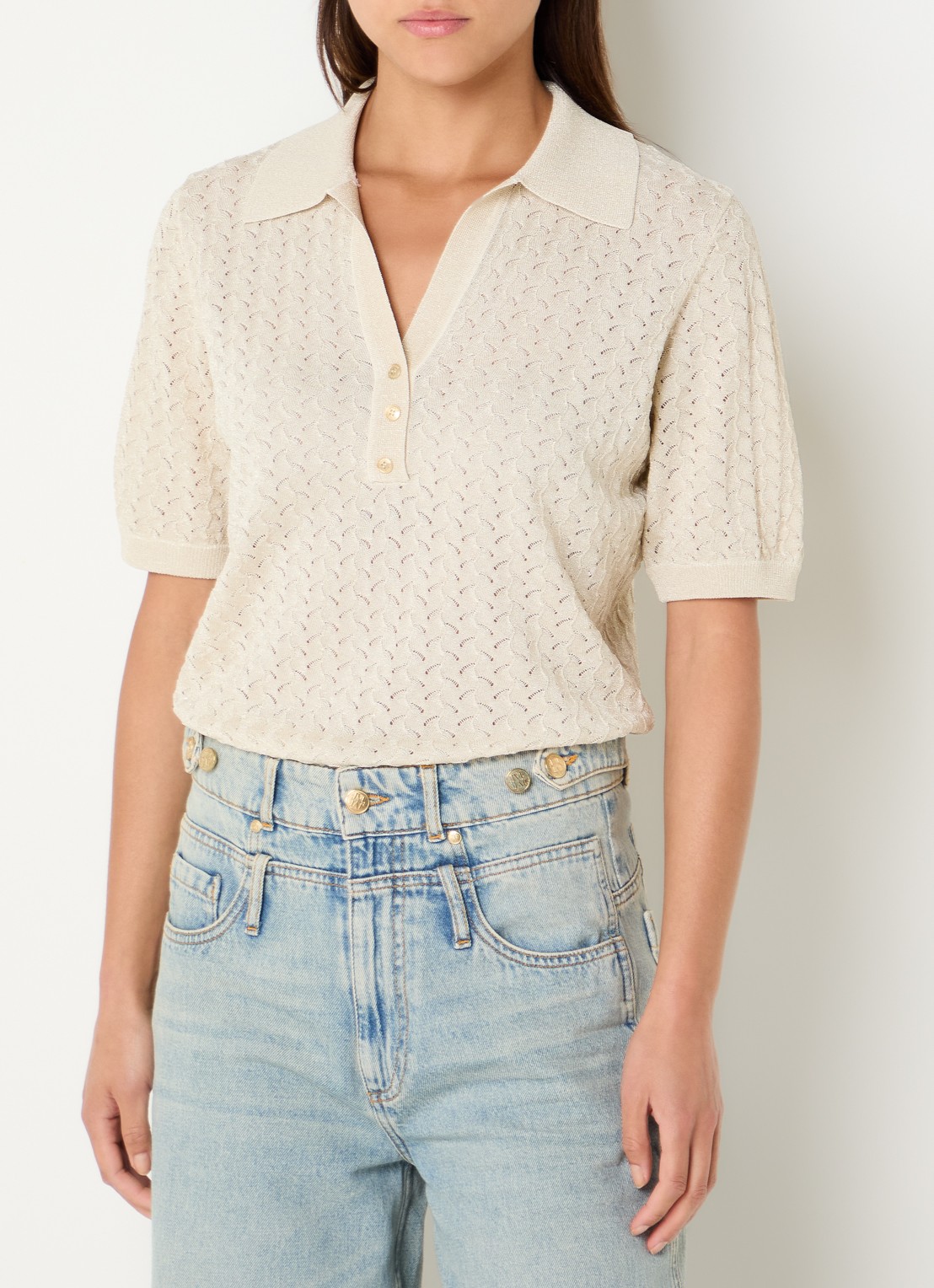 NIKKIE Rouen top met lurex en opengewerkt dessin - detail 4 beige