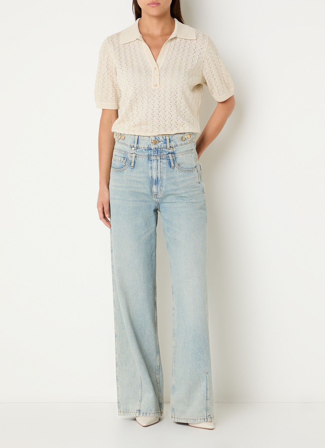 NIKKIE Rouen top met lurex en opengewerkt dessin - voorkant 2 beige