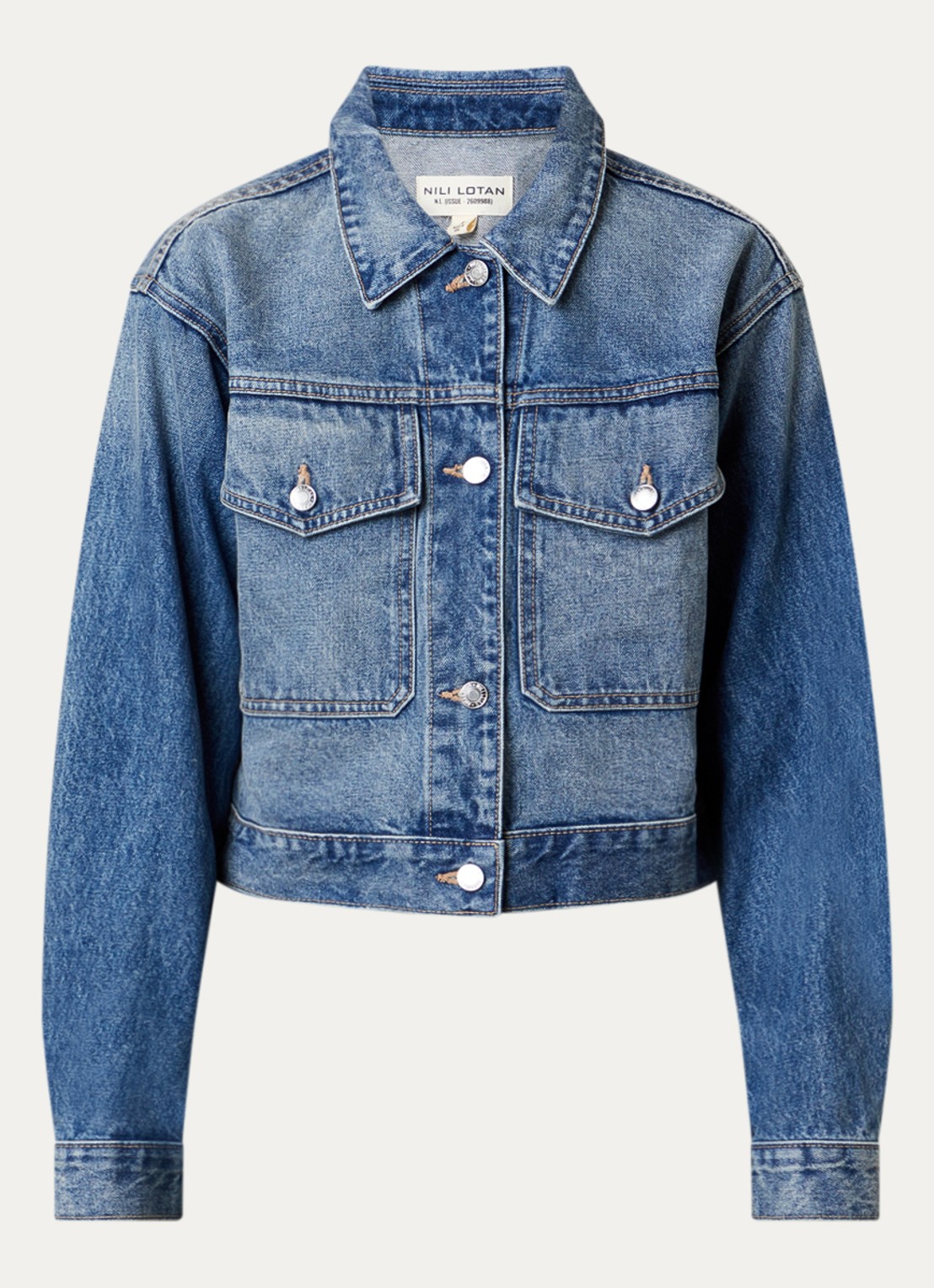Nili Lotan Clement cropped spijkerjas met klepzakken - voorkant indigo