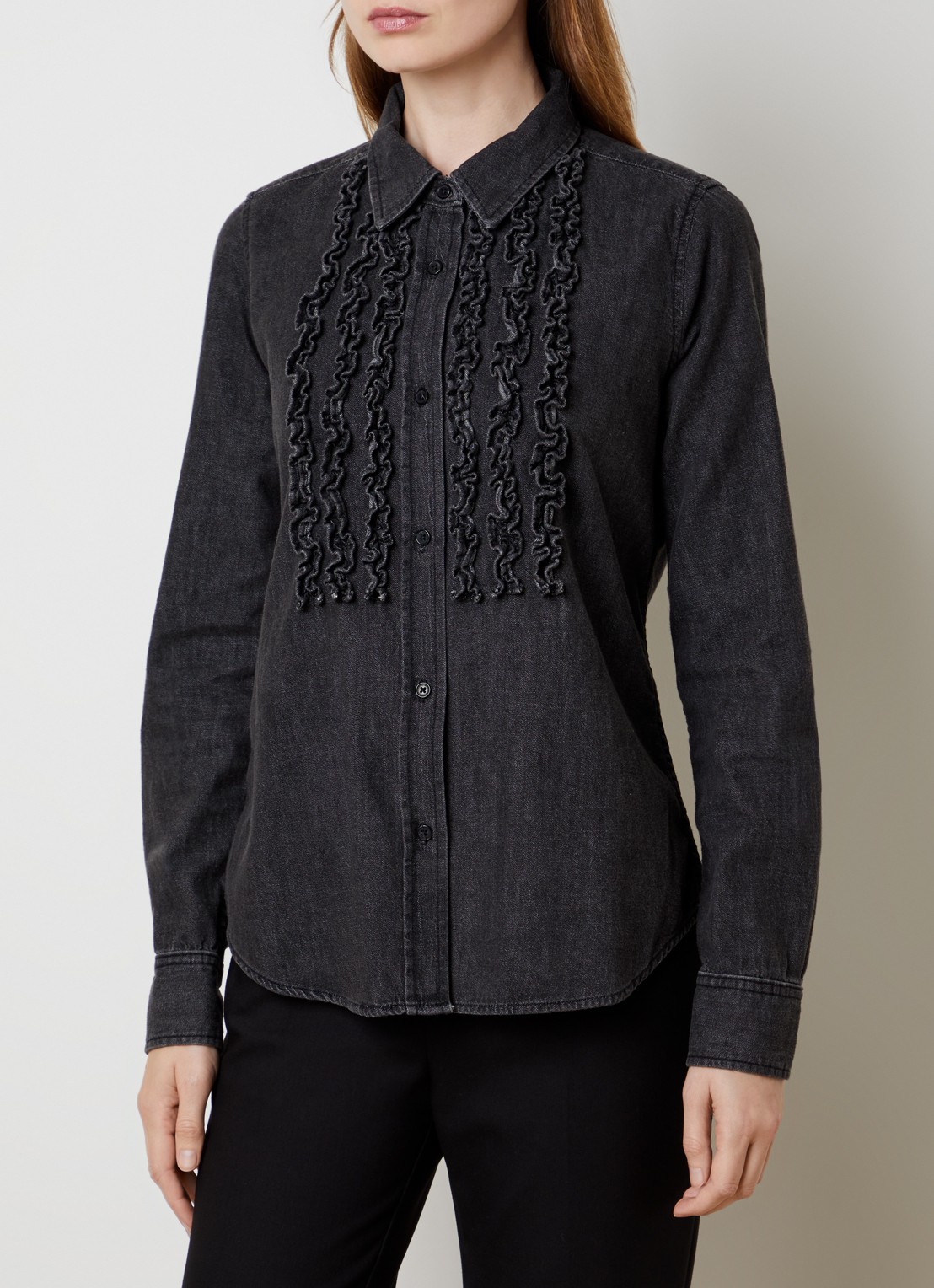 Nili Lotan Emilie blouse van denim met ruches - detail zwart