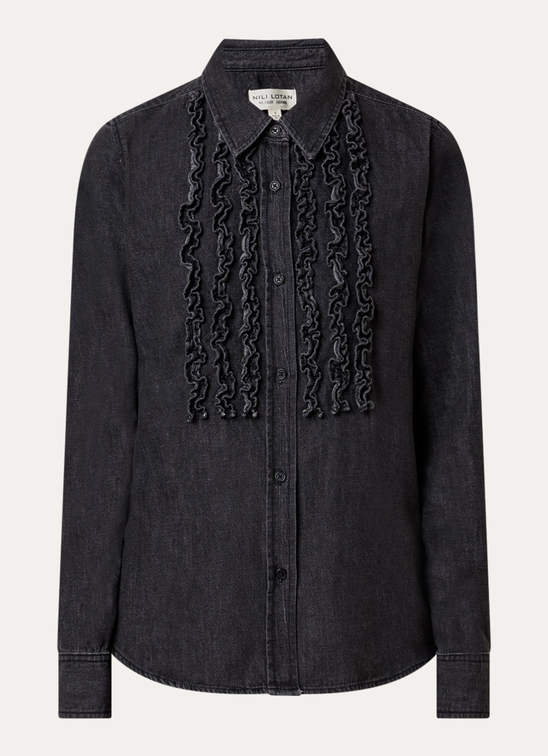 Nili Lotan Emilie blouse van denim met ruches - voorkant 4 zwart