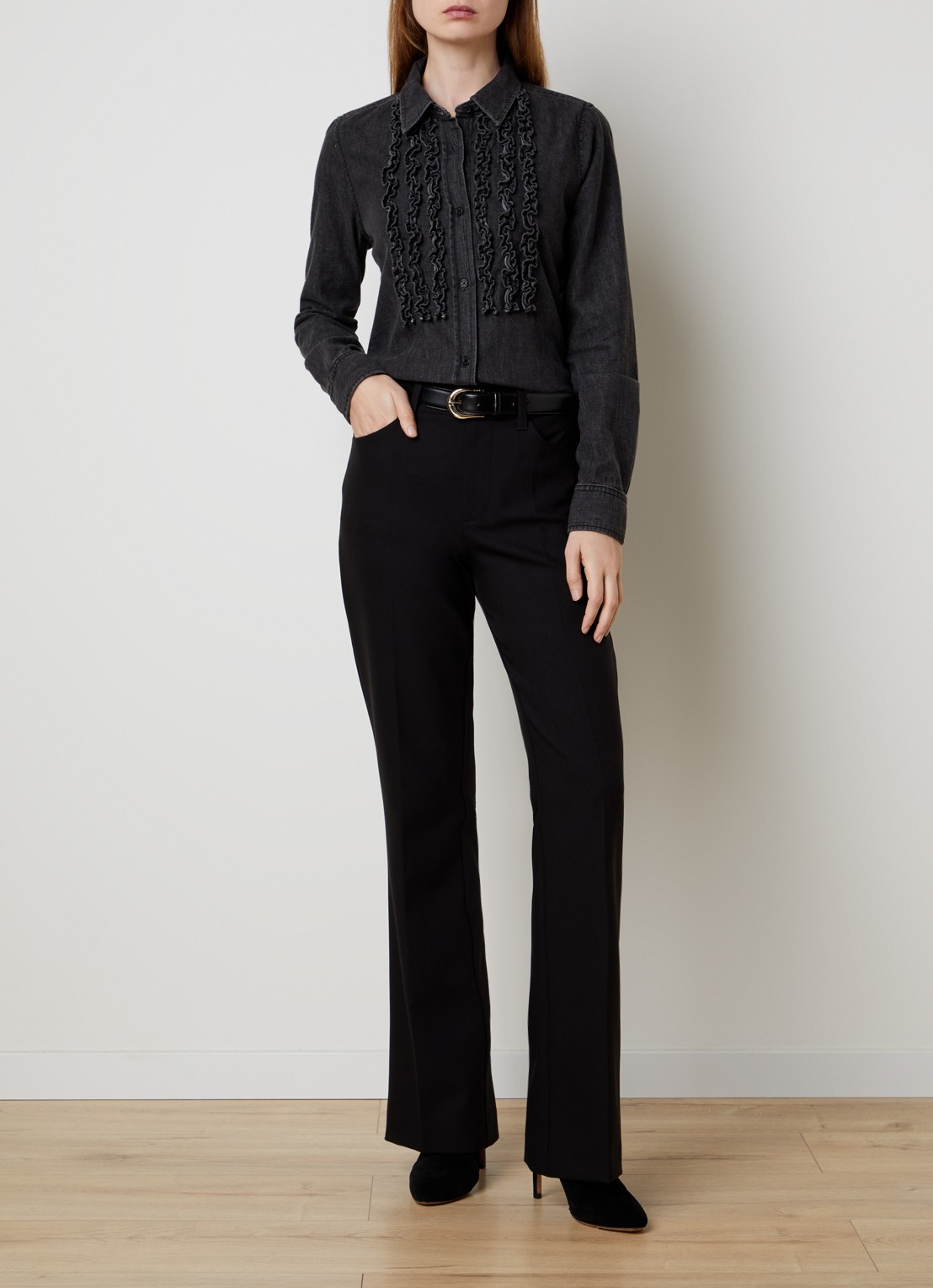 Nili Lotan Emilie blouse van denim met ruches - voorkant 5 zwart