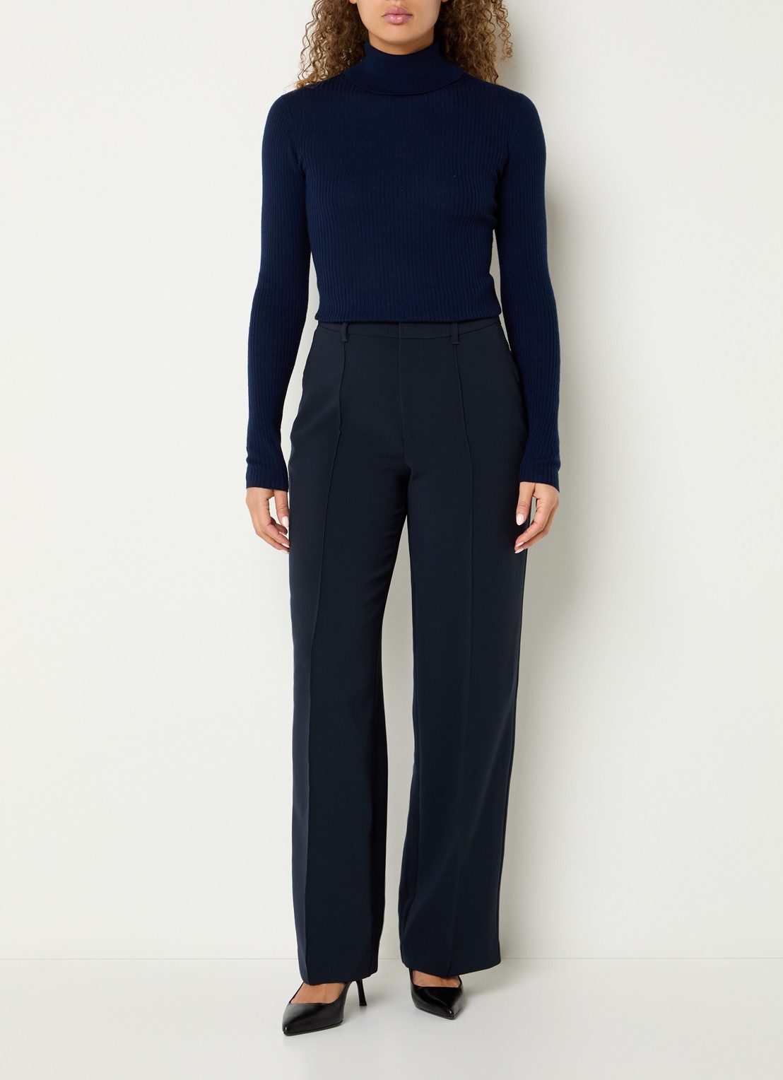 Ninepine High waist straight fit pantalon met persplooi - voorkant 3 donkerblauw