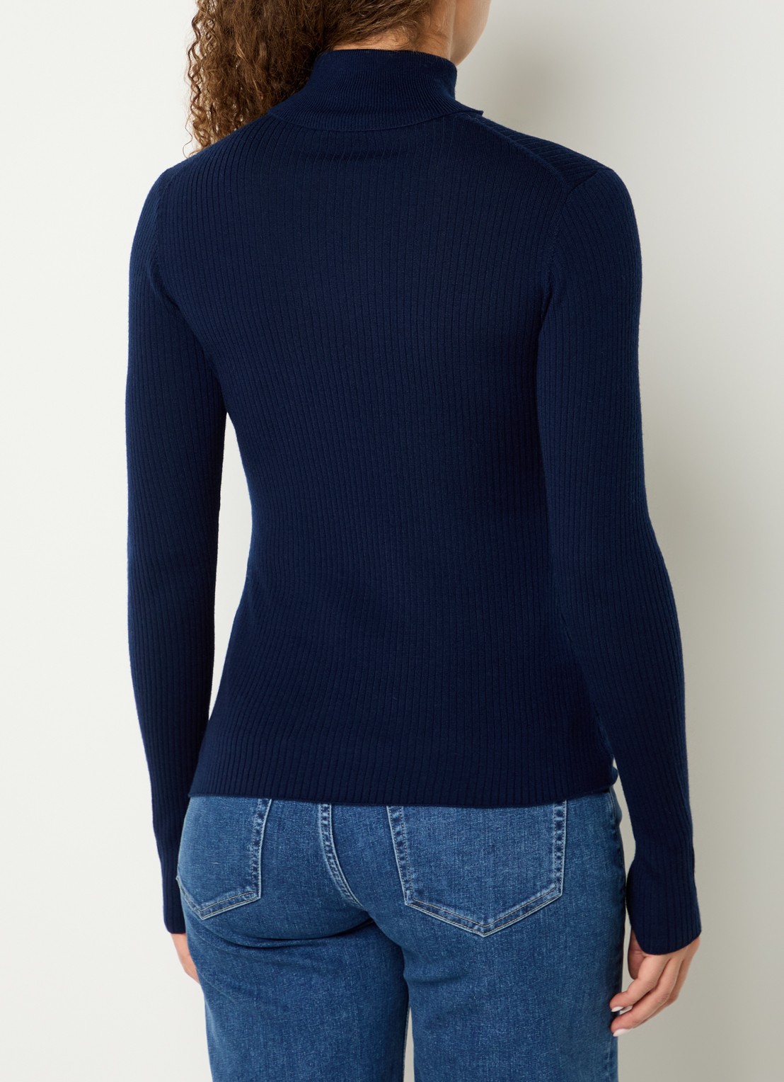 Ninepine Ribgebreide trui van merino wol met col - achterkant 4 donkerblauw