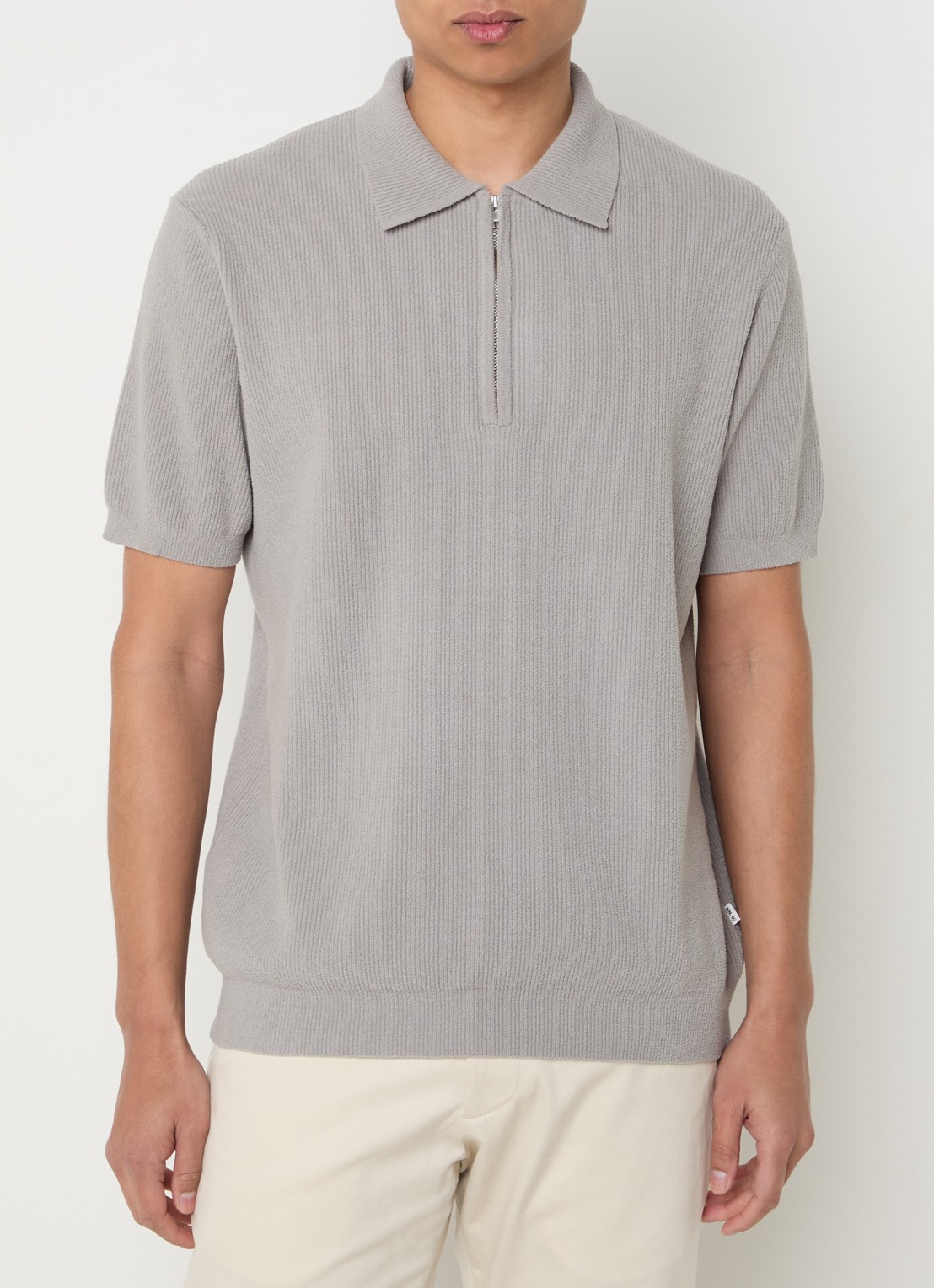 NN.07 Danny ribgebreide regular fit polo met halve rits - detail grijs