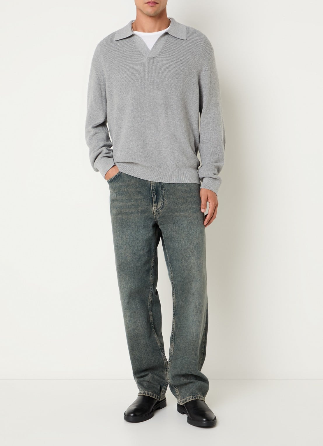 NN.07 Hope regular fit polo met ribstructuur - voorkant 4 grijsmele