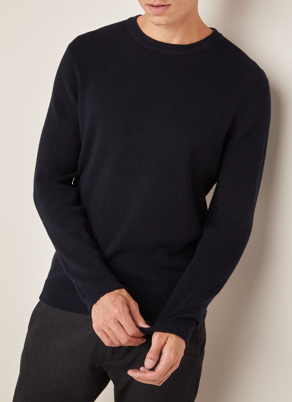 NN.07 Julian pullover van katoen met structuur - detail 4 donkerblauw