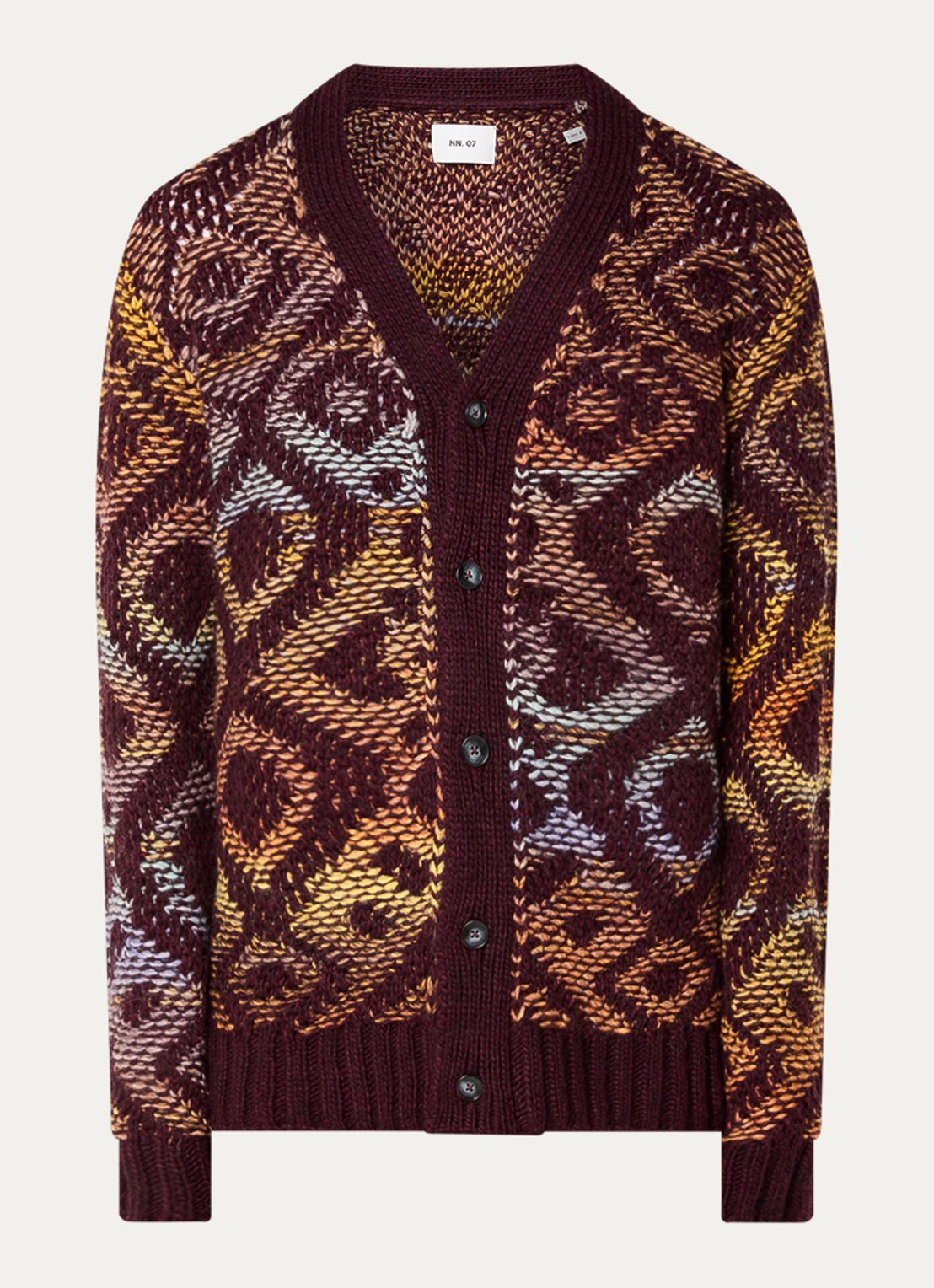 NN.07 Viggo grofgebreid vest in alpaca wolblend met grafische print - voorkant bordeauxrood