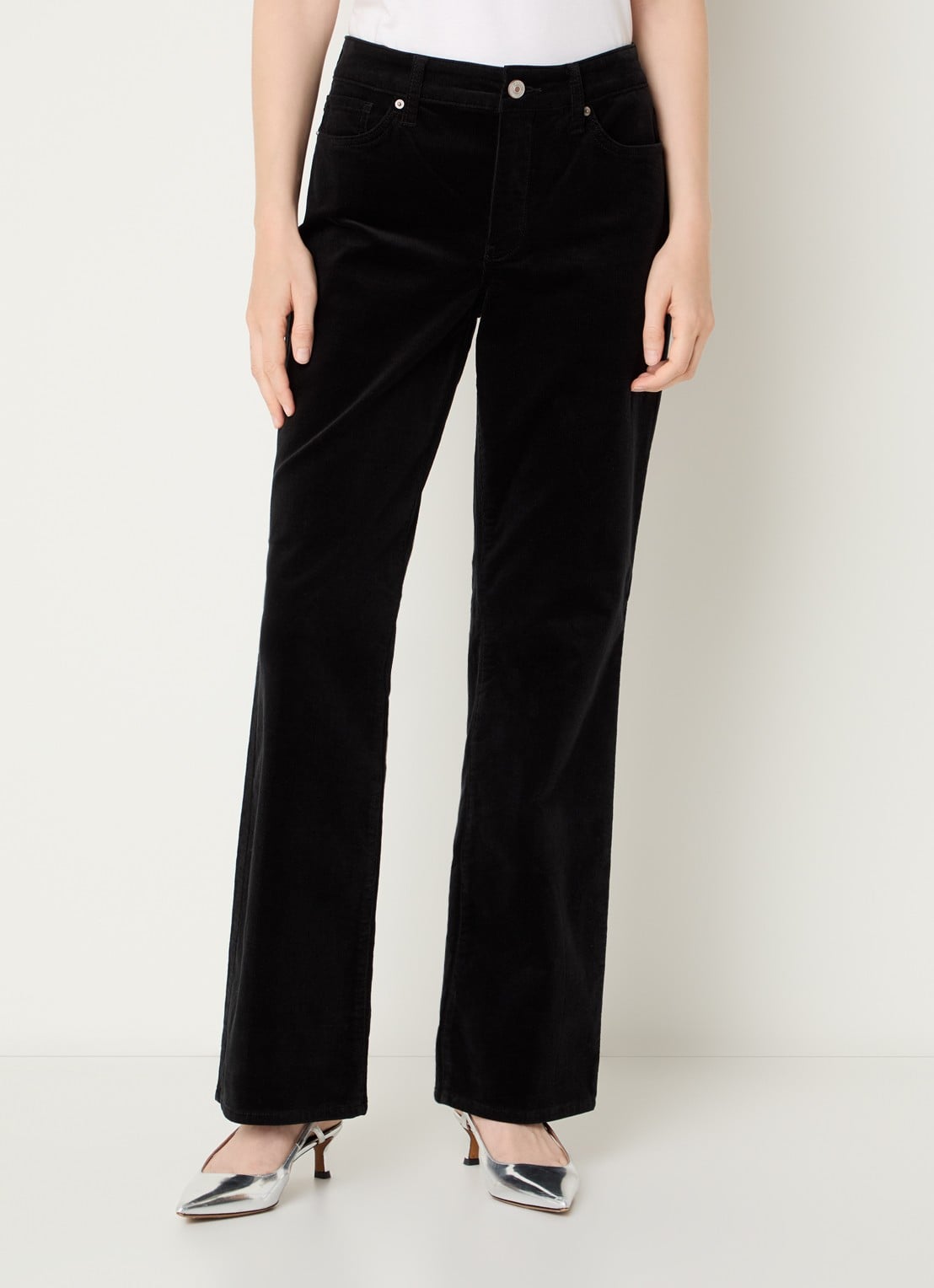 NYDJ Brooklyn high waist straight fit broek van corduroy - detail zwart