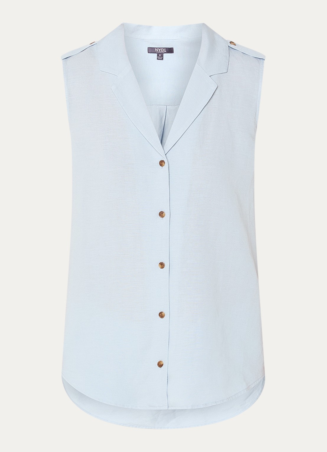 NYDJ Gabrielle mouwloze blouse in linnenblend - voorkant 3 lichtblauw