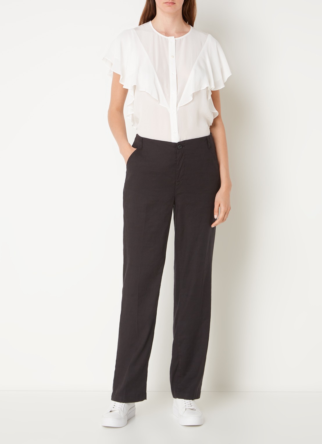 NYDJ Marilyn high waist straight fit broek in linnenblend met steekzakken - voorkant 2 zwart