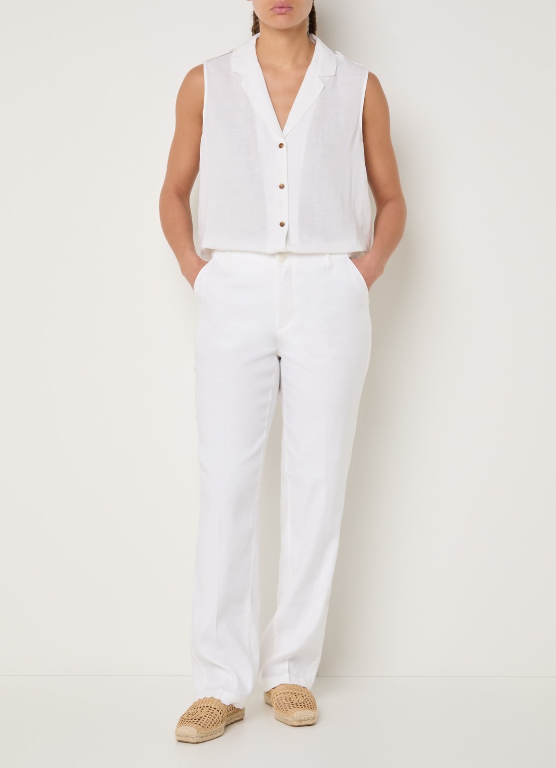 NYDJ Marilyn high waist straight fit broek in linnenblend met steekzakken - voorkant wit