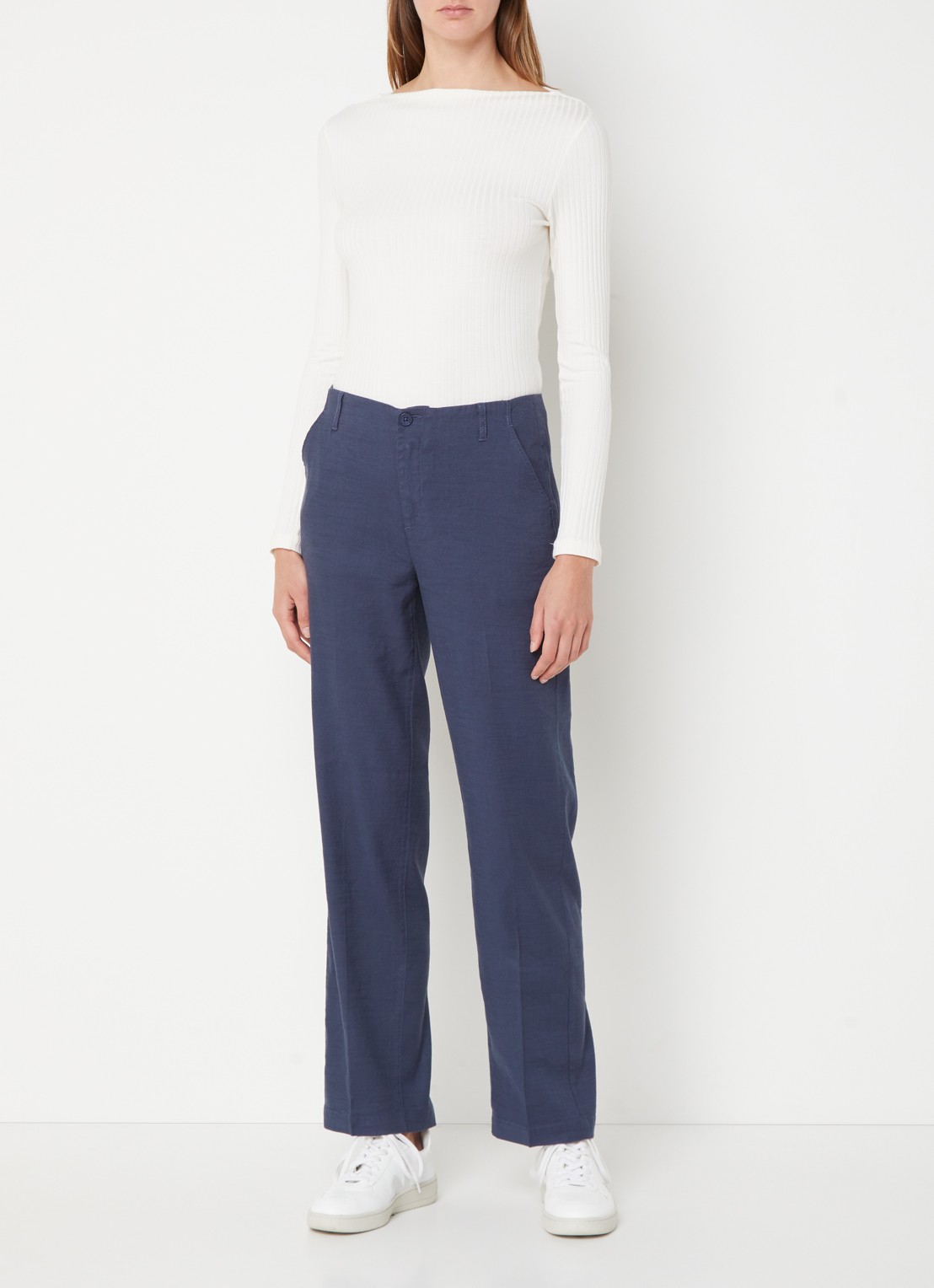 NYDJ Marilyn high waist straight fit broek in linnenblend met steekzakken - voorkant 3 donkerblauw
