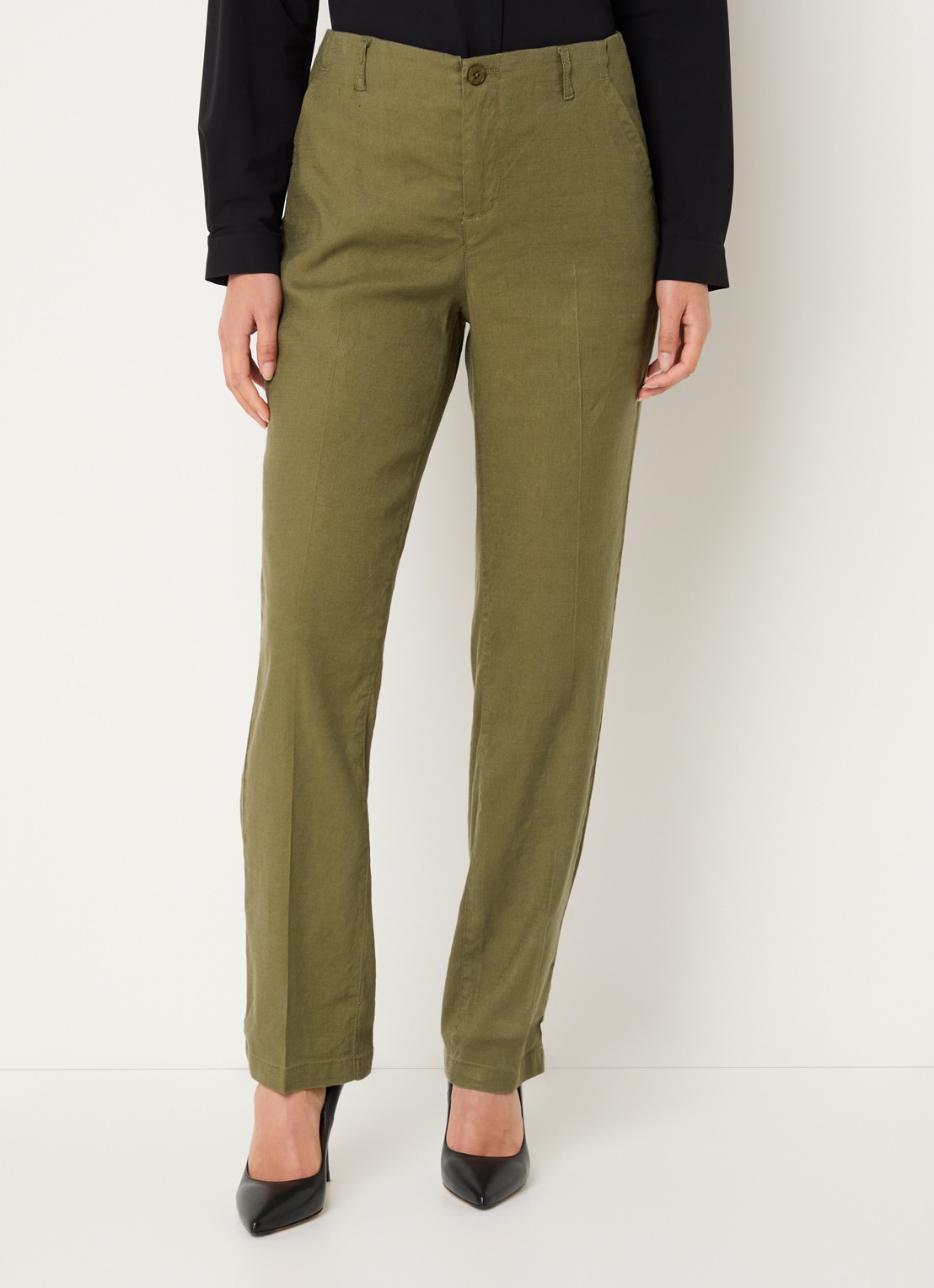 NYDJ Marilyn high waist straight fit broek in linnenblend met steekzakken - detail 4 legergroen