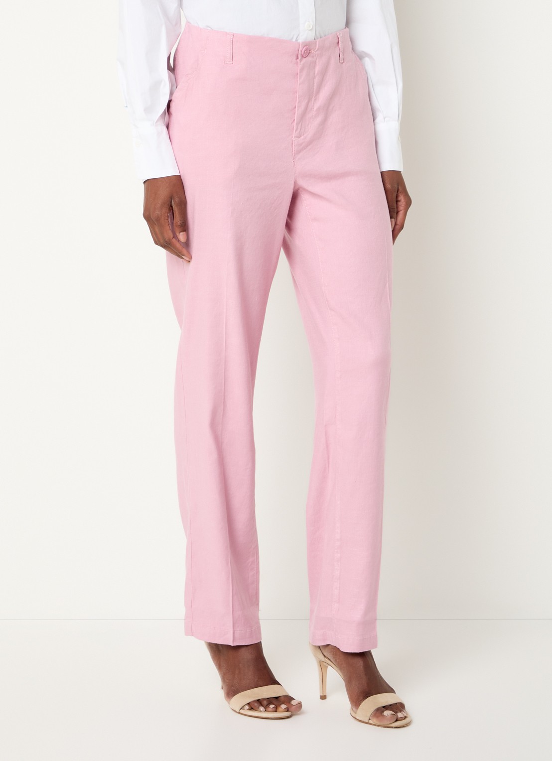 NYDJ Marilyn high waist straight fit broek in linnenblend met steekzakken - detail 4 lichtroze