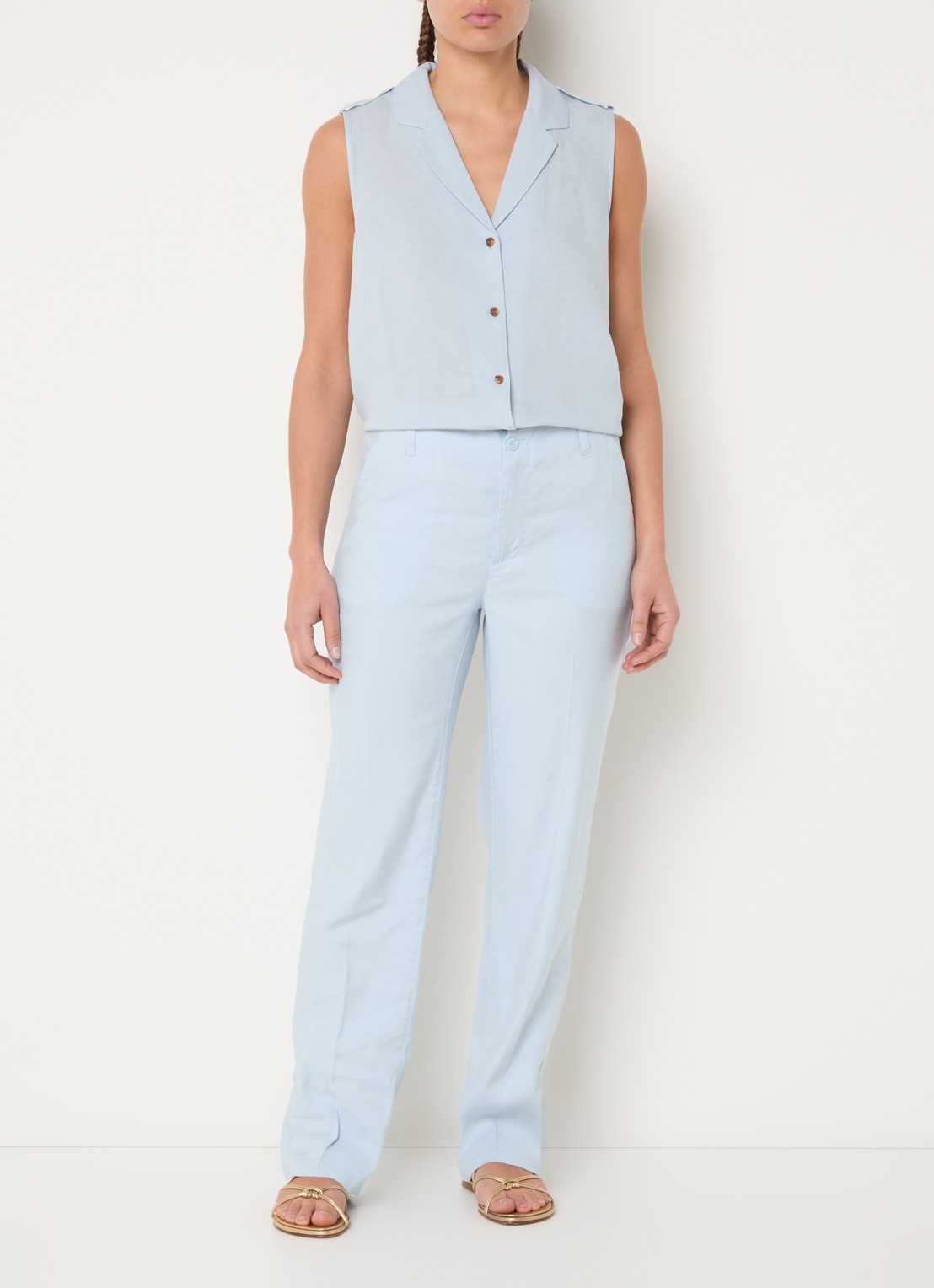 NYDJ Marilyn high waist straight fit broek in linnenblend met steekzakken - voorkant 2 blauw