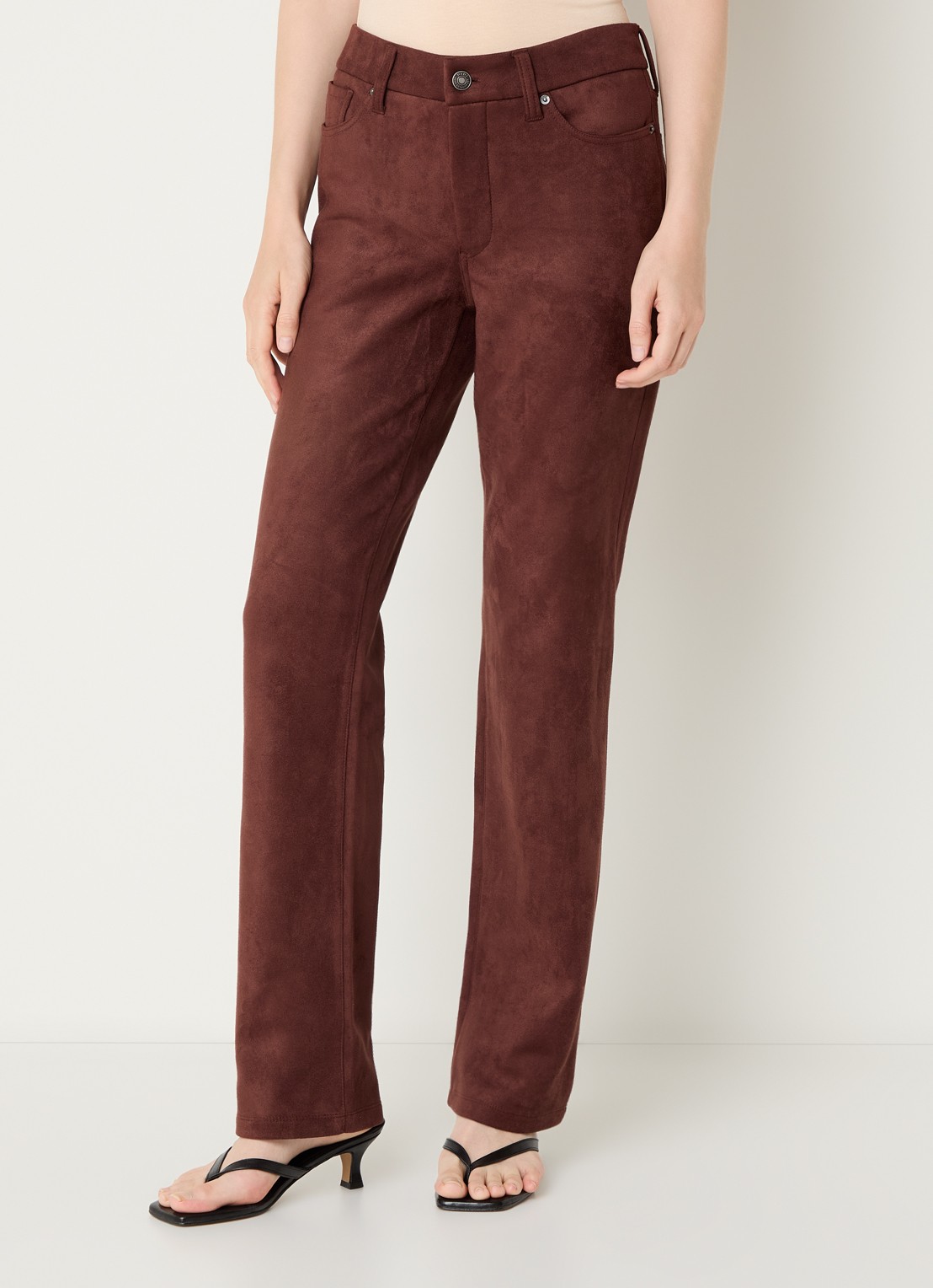 NYDJ Marilyn high waist straight fit broek van imitatiesuède - detail 3 chocoladebruin