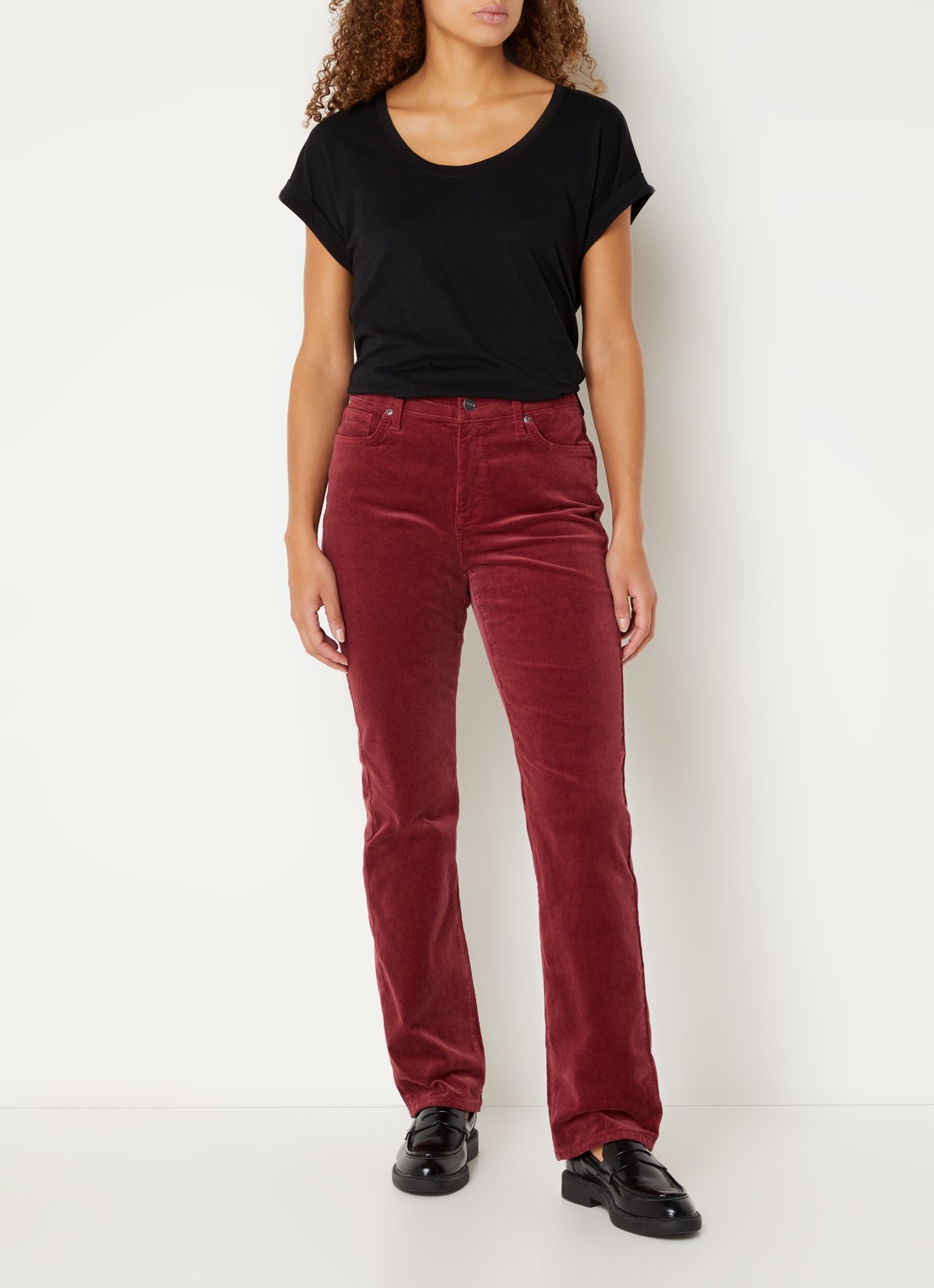 NYDJ Marilyn high waist straight fit chino van corduroy - voorkant 5 donkerrood
