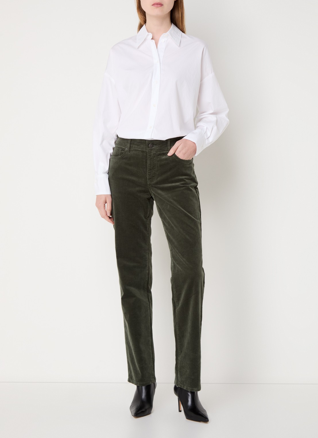 NYDJ Marilyn high waist straight fit chino van corduroy - voorkant 2 mosgroen