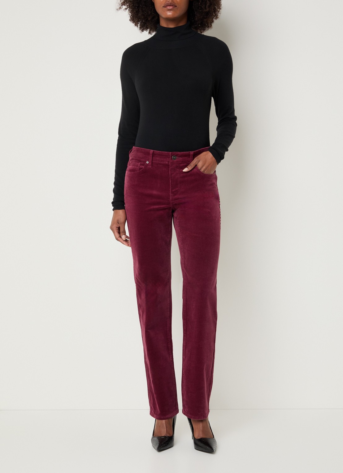 NYDJ Marilyn high waist straight fit chino van corduroy - voorkant 4 bordeauxrood