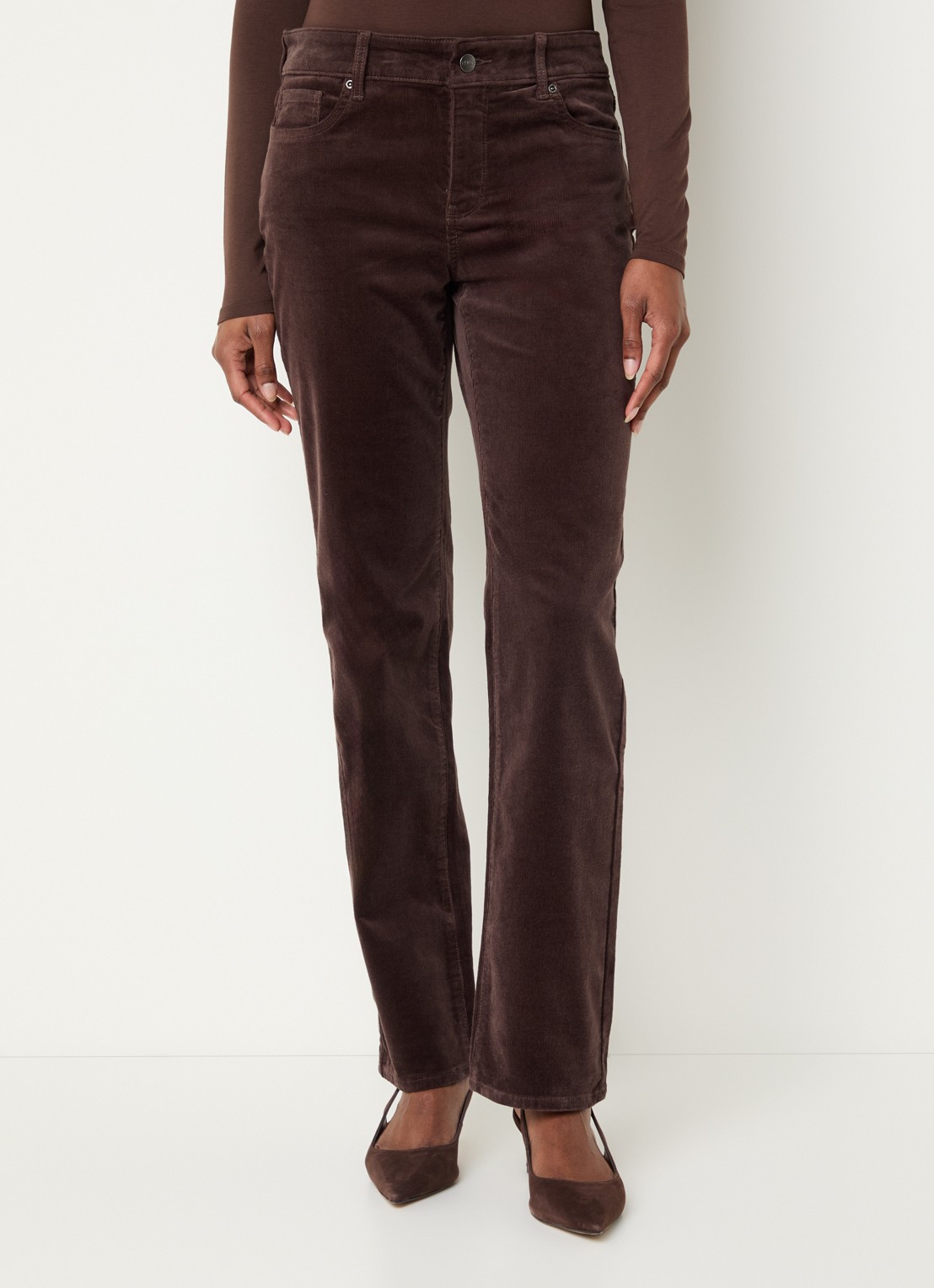 NYDJ Marilyn high waist straight fit chino van corduroy - detail donkerbruin