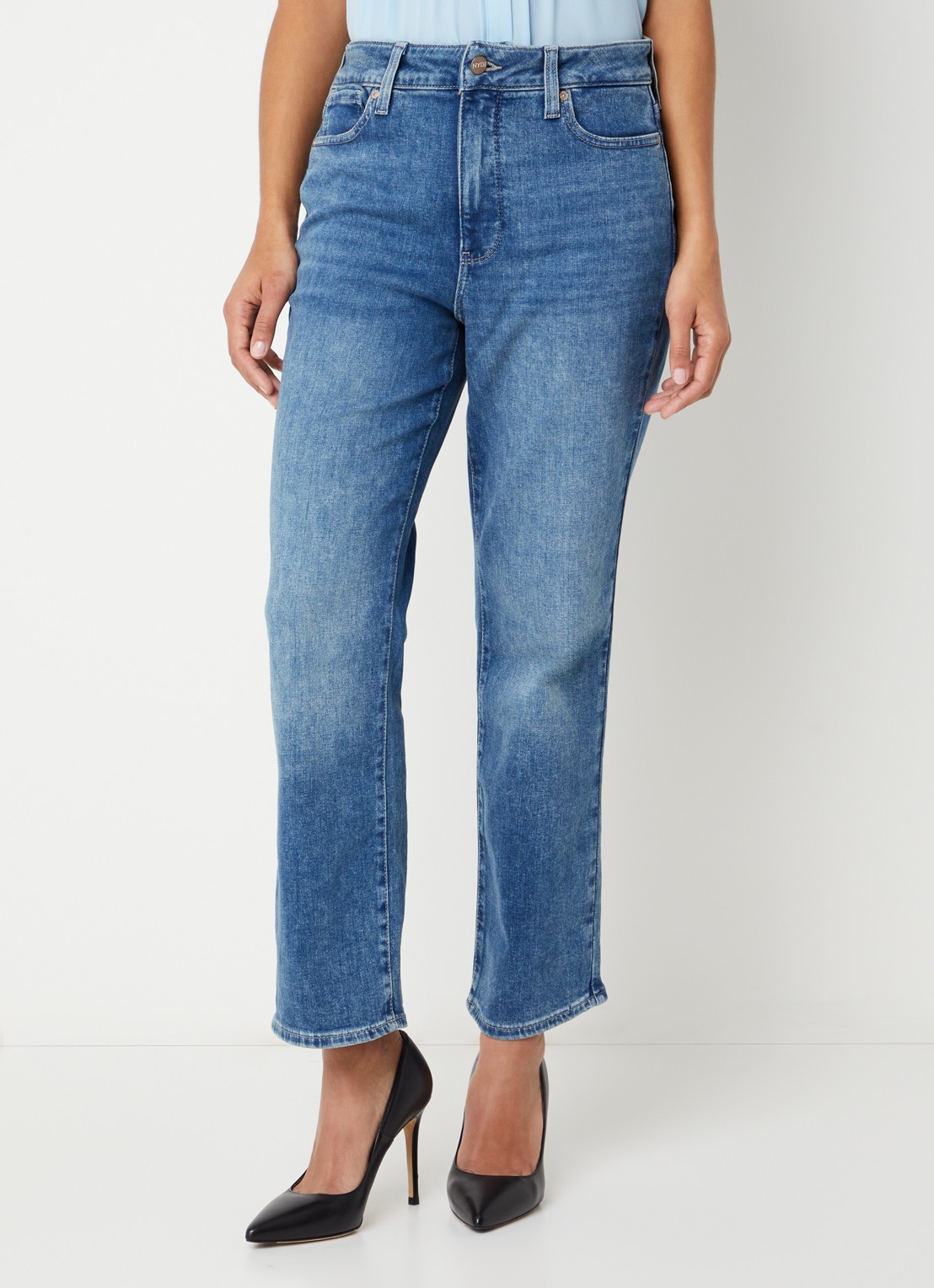 NYDJ Marilyn mid waist slim fit jeans met medium wassing - detail indigo