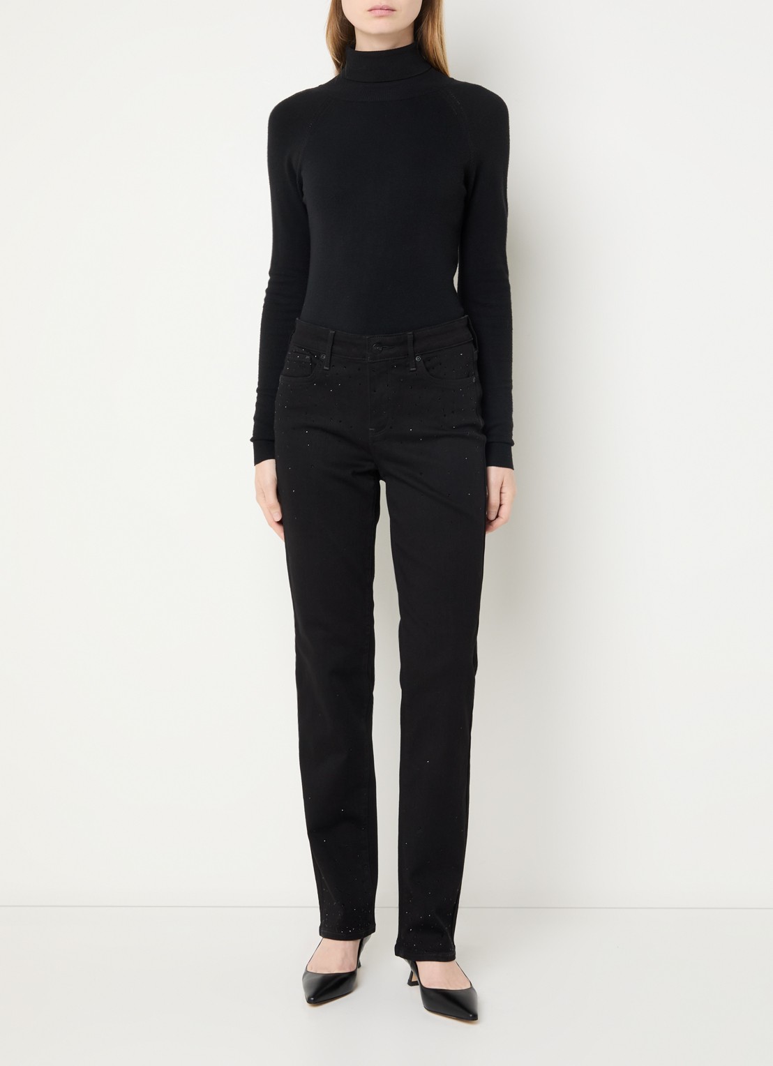 NYDJ Marylin high waist straight leg jeans met strass - voorkant 2 zwart