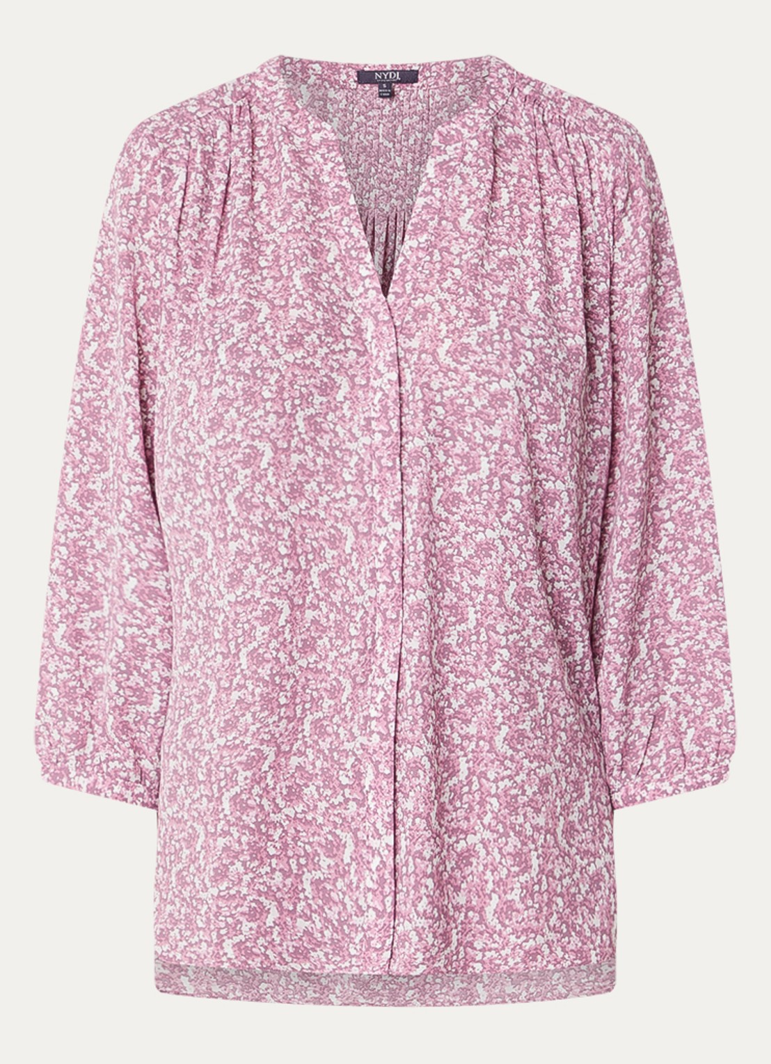NYDJ Pintuck blouse met V-hals en print - voorkant oudroze