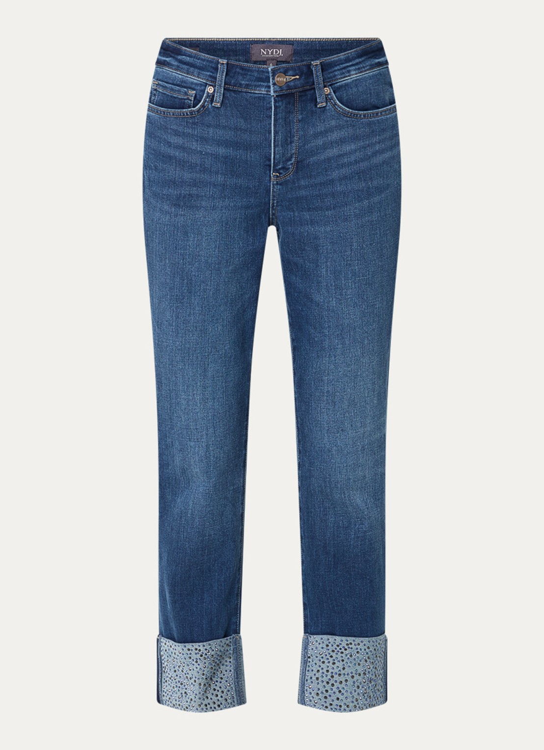 NYDJ Sheri mid waist slim fit jeans met strass - voorkant indigo