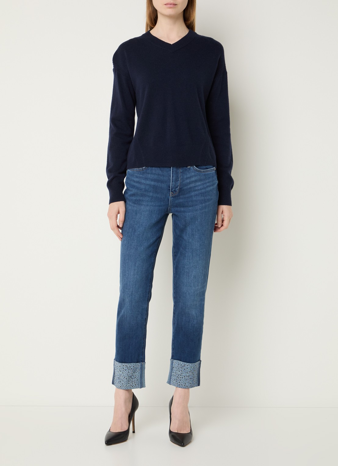 NYDJ Sheri mid waist slim fit jeans met strass - voorkant 2 indigo