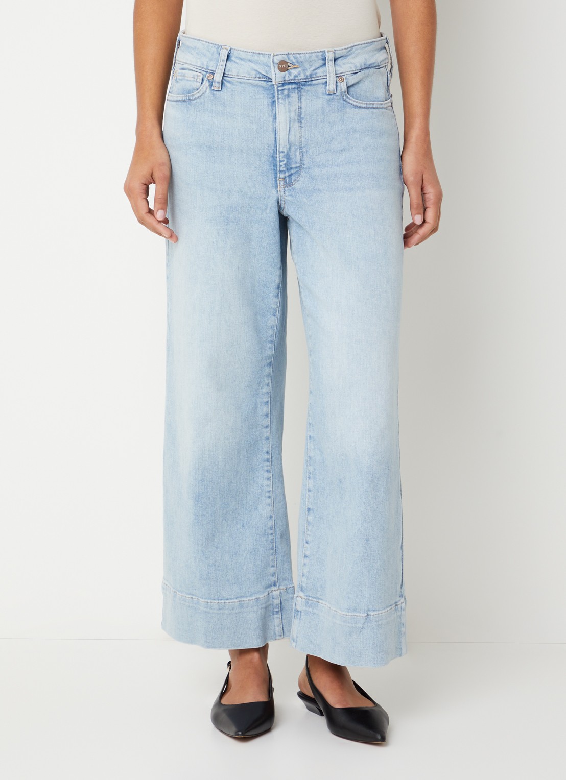 NYDJ Teresa high waist wide leg jeans met lichte wassing - detail indigo