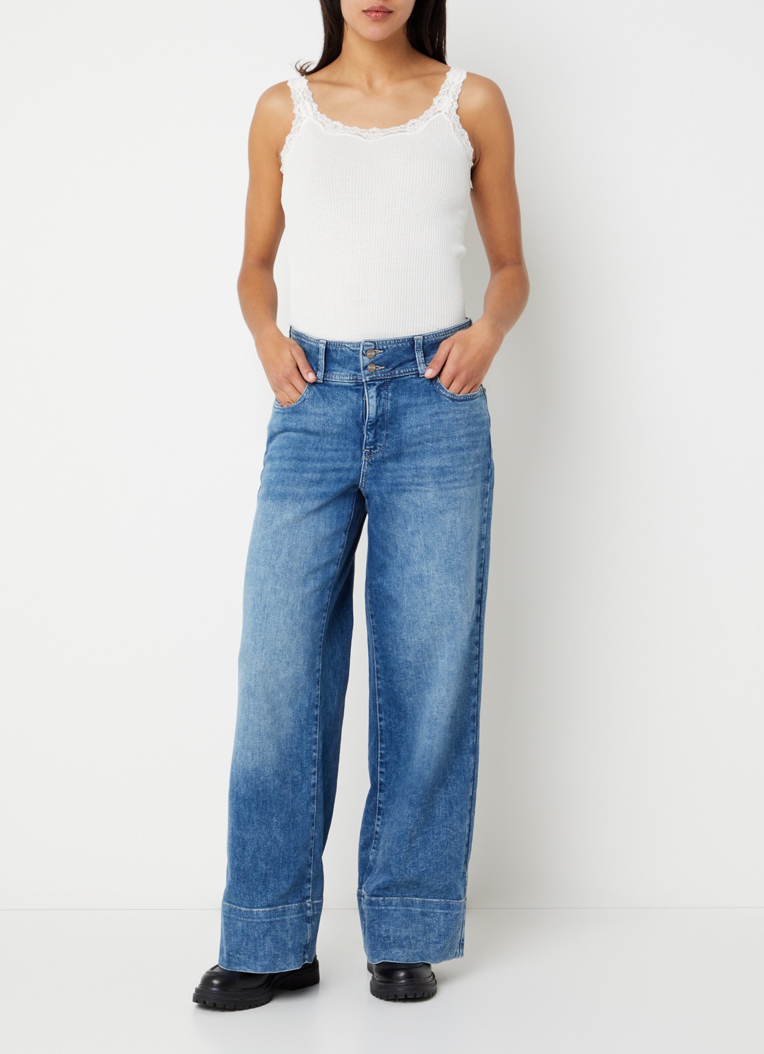 NYDJ Teresa mid waist wide leg jeans met medium wassing - voorkant 5 indigo