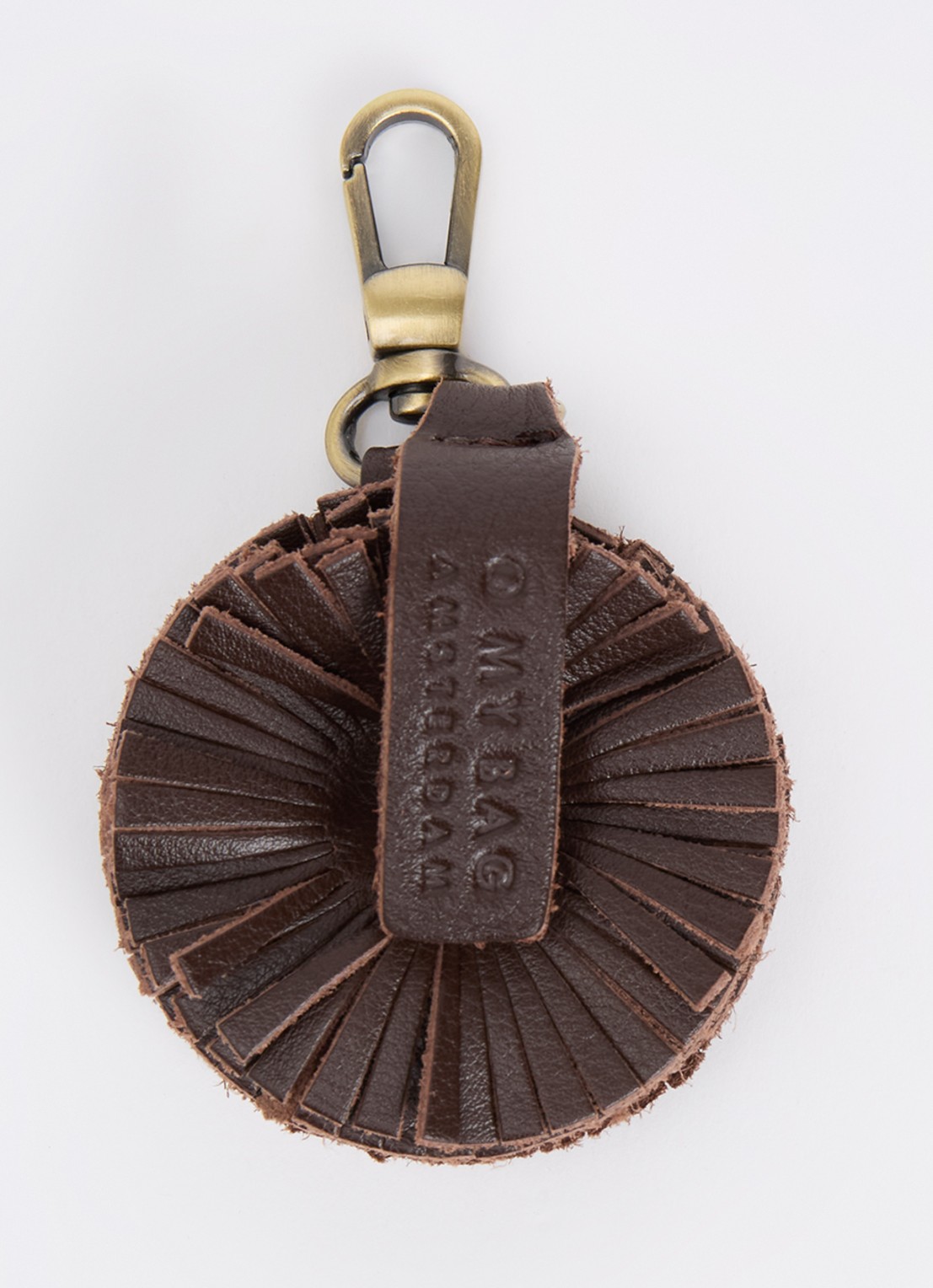 O My Bag Pom Pom tasbedel van leer - voorkant chocoladebruin