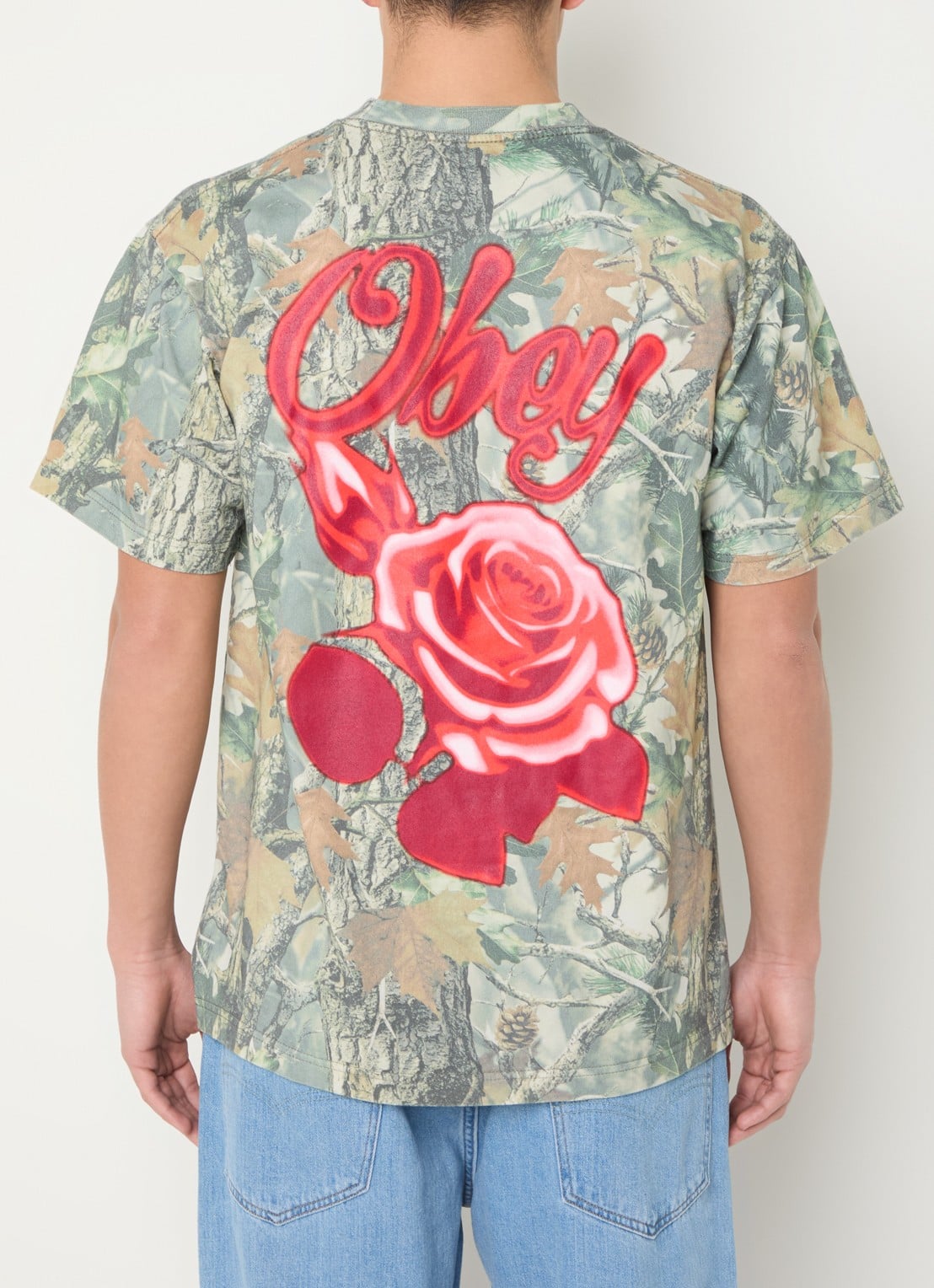 Obey Airbrushed Rose T-shirt met logo- en backprint - detail blauw