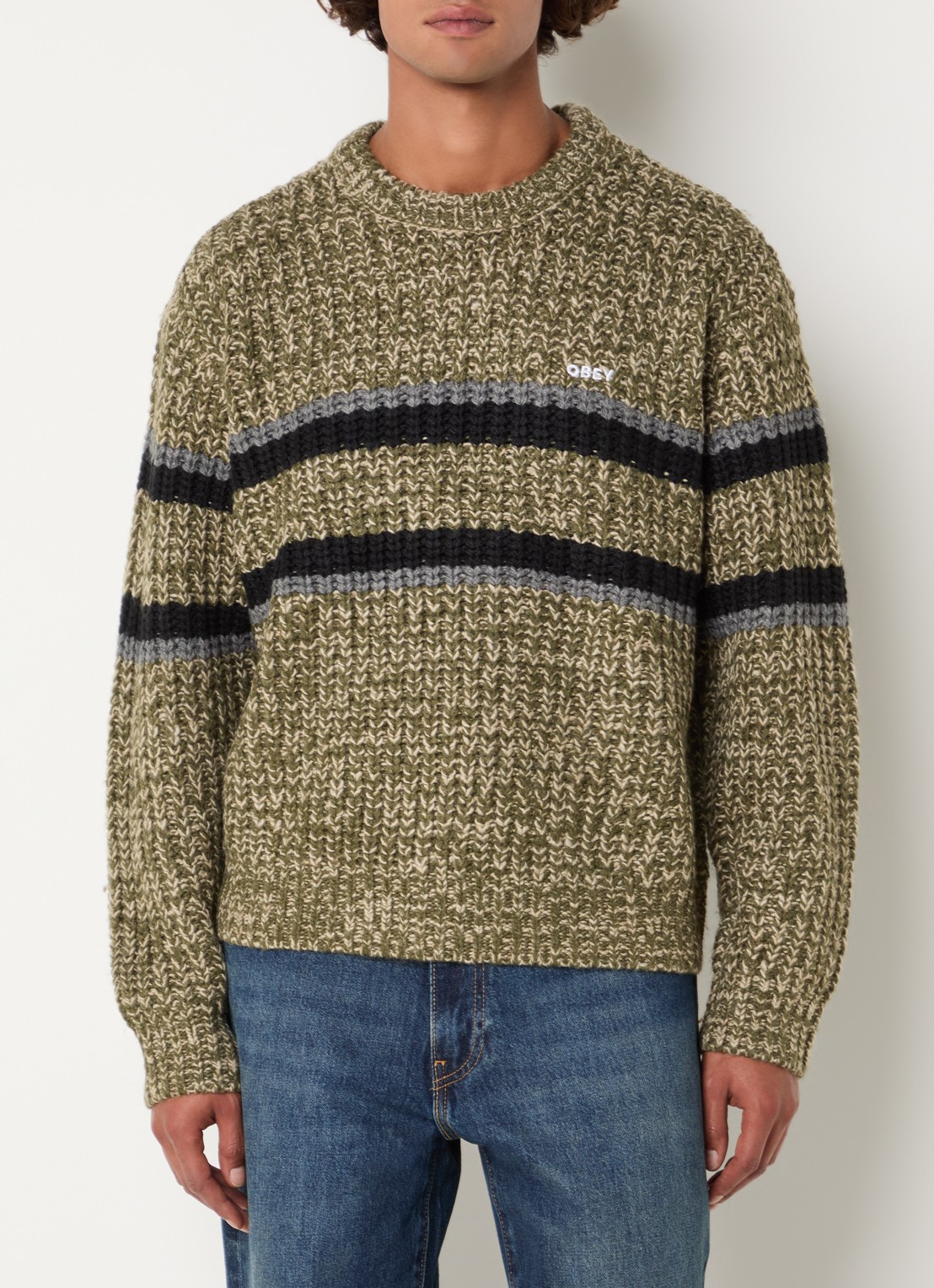 Obey Alden grofgebreide trui met streepprint - detail groen
