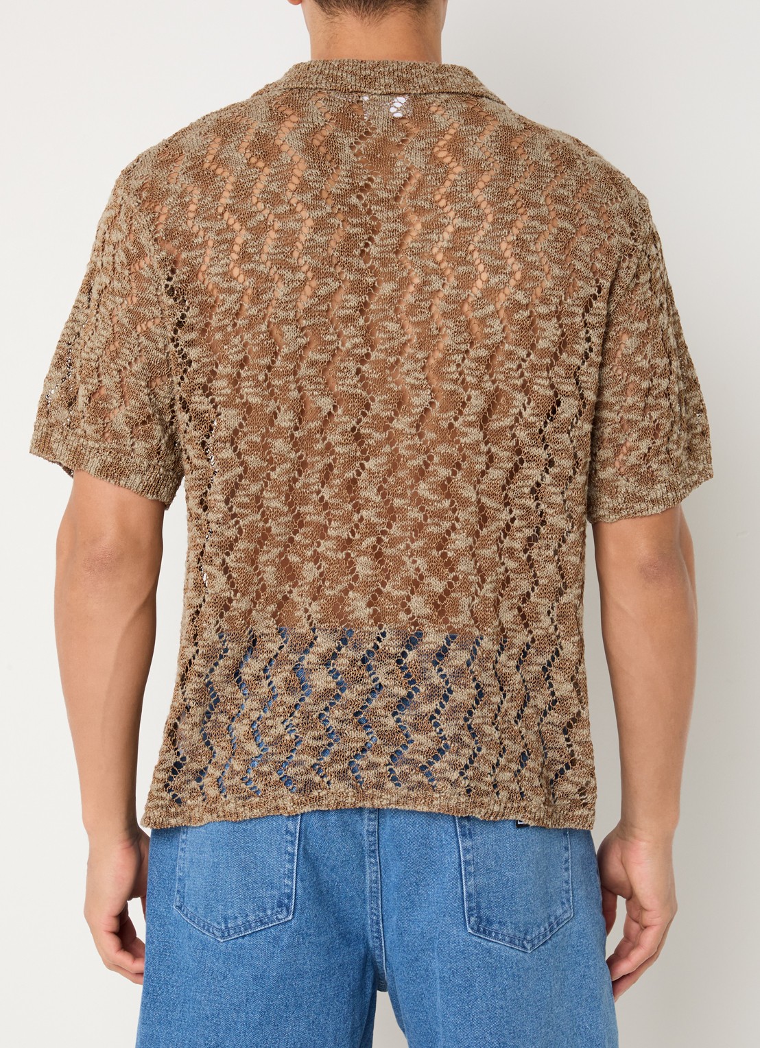 Obey Andre grofgebreide regular fit polo met opengewerkt dessin - achterkant donkerbeige