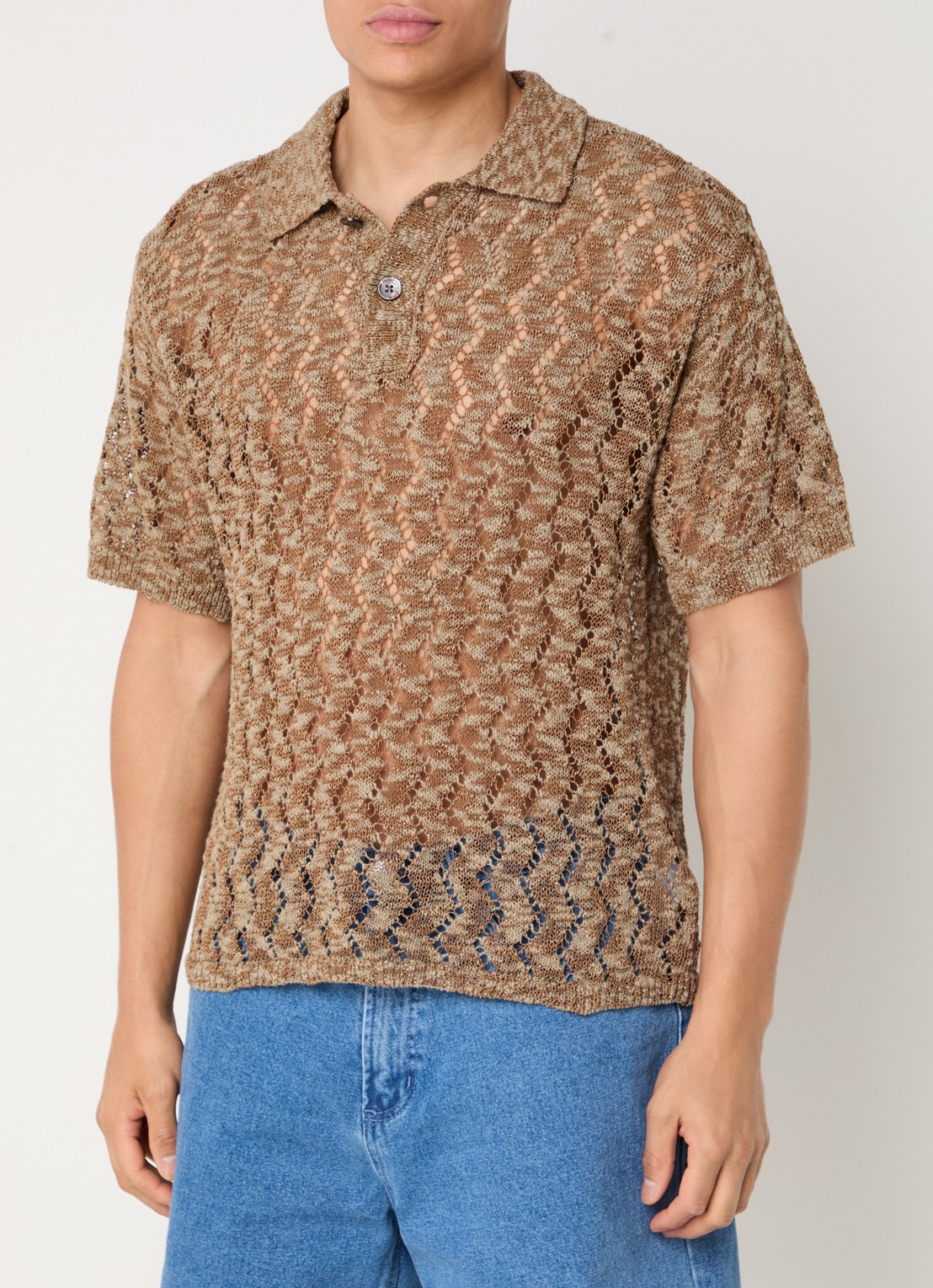Obey Andre grofgebreide regular fit polo met opengewerkt dessin - detail 4 donkerbeige