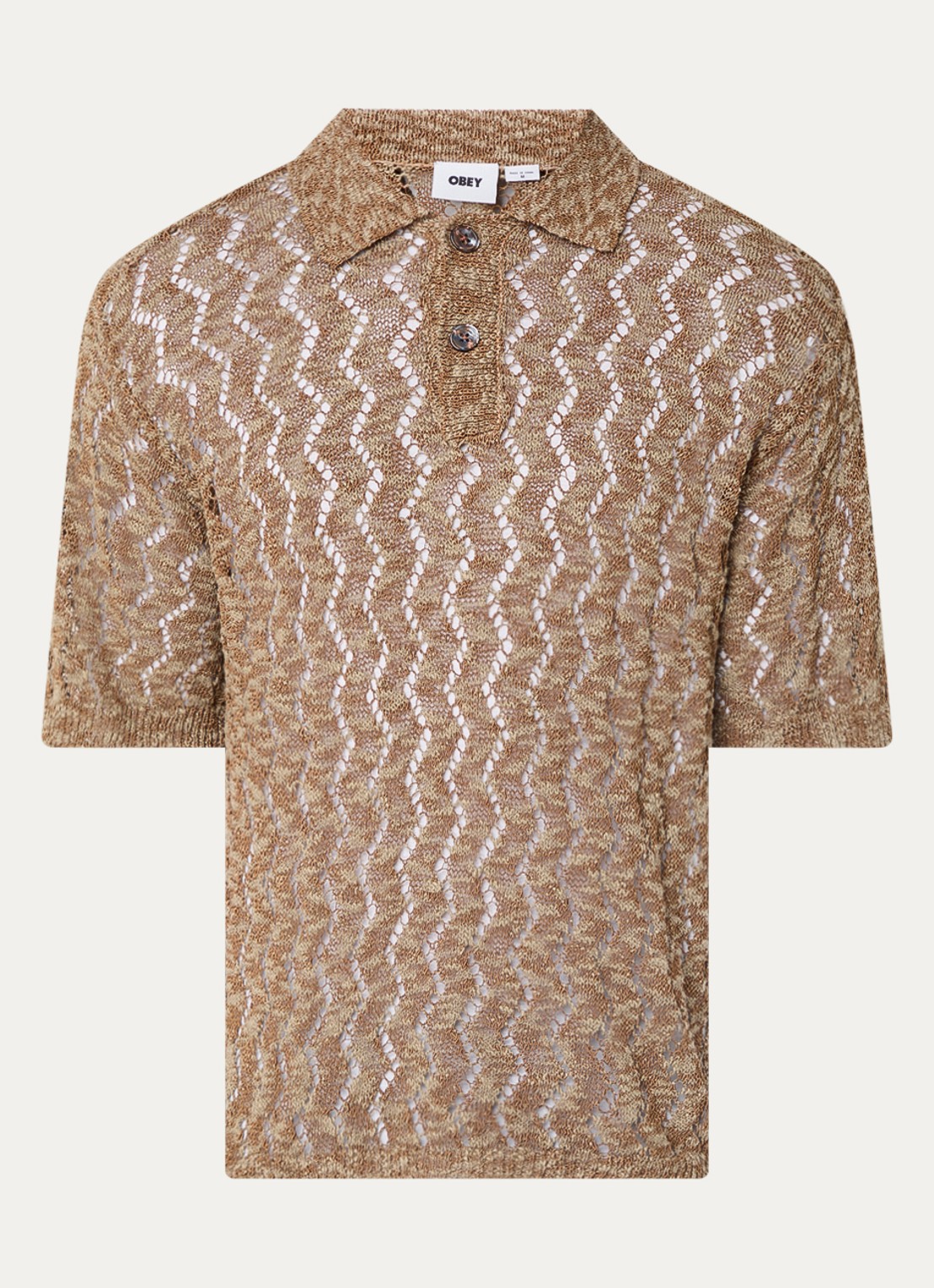 Obey Andre grofgebreide regular fit polo met opengewerkt dessin - voorkant 2 donkerbeige