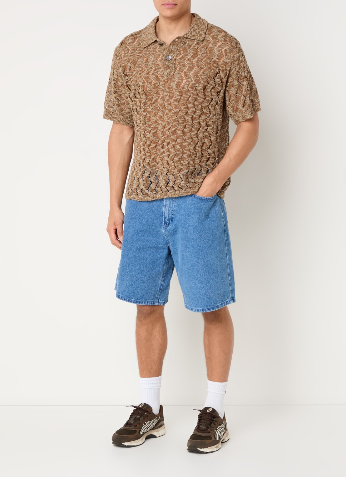 Obey Andre grofgebreide regular fit polo met opengewerkt dessin - voorkant 3 donkerbeige
