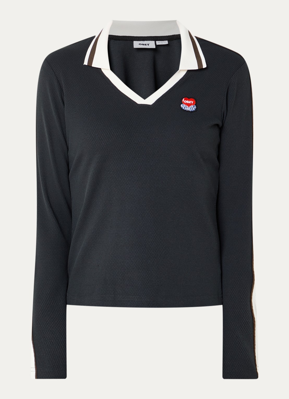 Obey Aren polo met logo en v-hals  - voorkant 3 antraciet