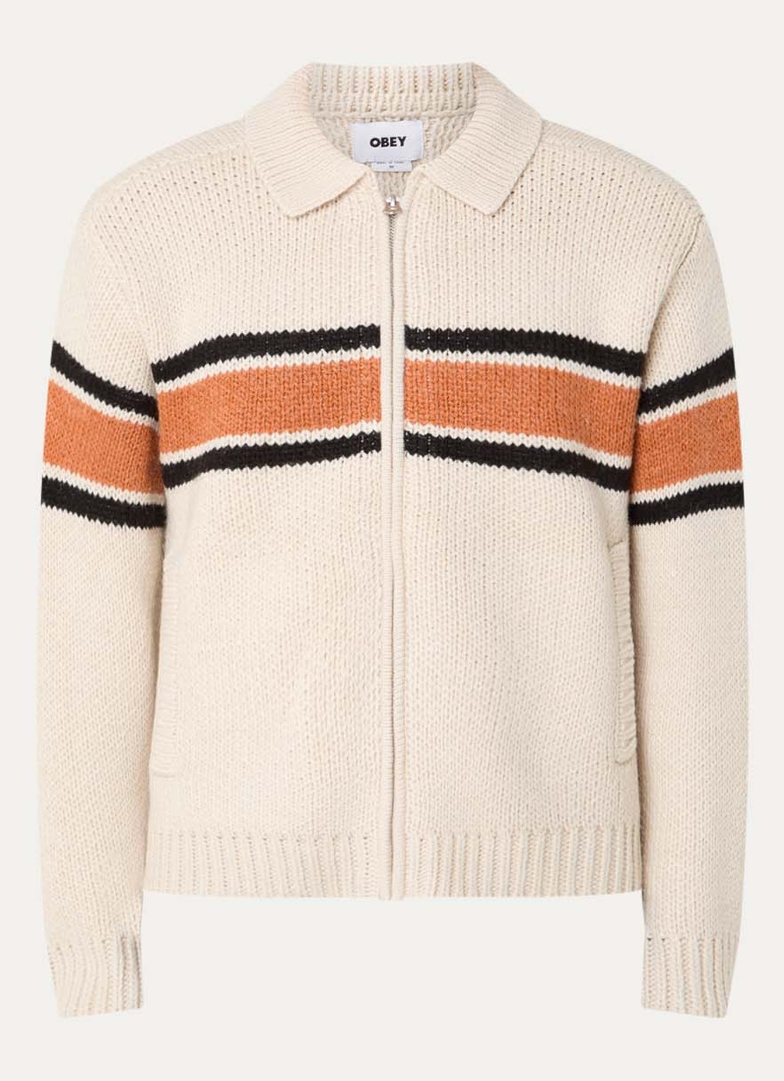 Obey Bernard grofgebreid vest met streepprint - voorkant 3 beige
