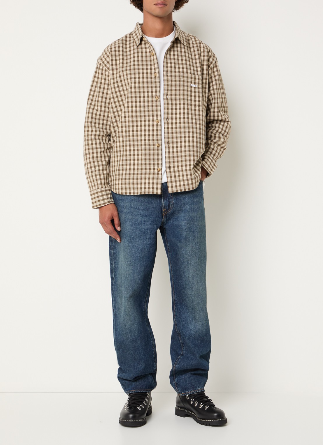 Obey Bigwig Axel overshirt met ruitdessin en borstzak - voorkant 2 beige