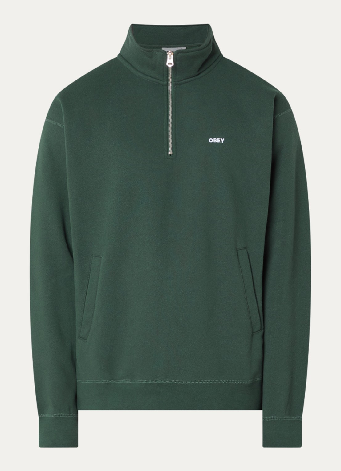 Obey Established Works sweater met halve rits en logoborduring - voorkant donkergroen